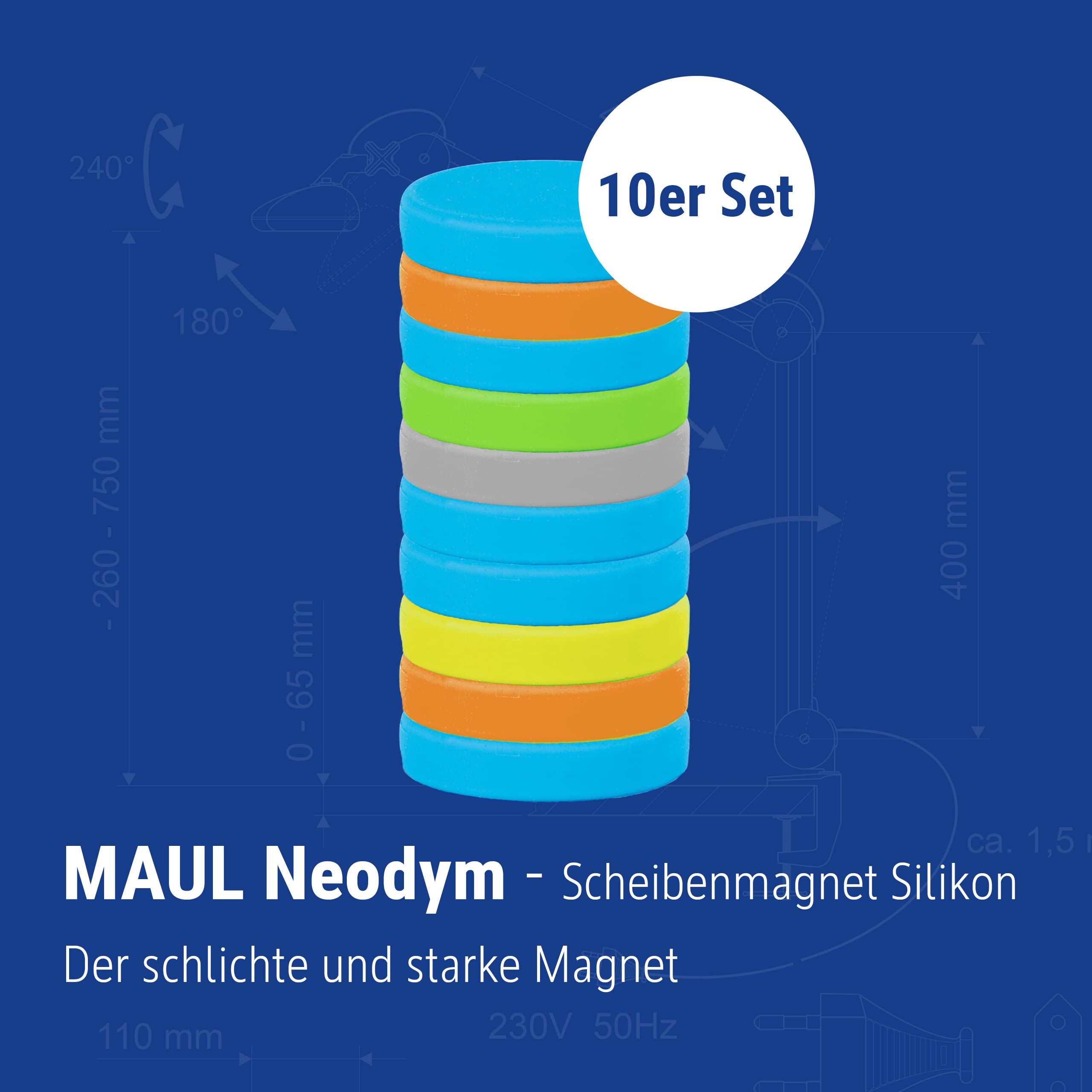 MAUL Magnes Neodymowy 18 X 4 Mm (10 Sztuk) Magnes Mocny (0,8 Kg) z Silikonu Magnesy O Eleganckim i Nowoczesnym Wzornictwie Magnes do Tablicy Magnetycznej, Białej Tablicy i Lodówki Kolorowy