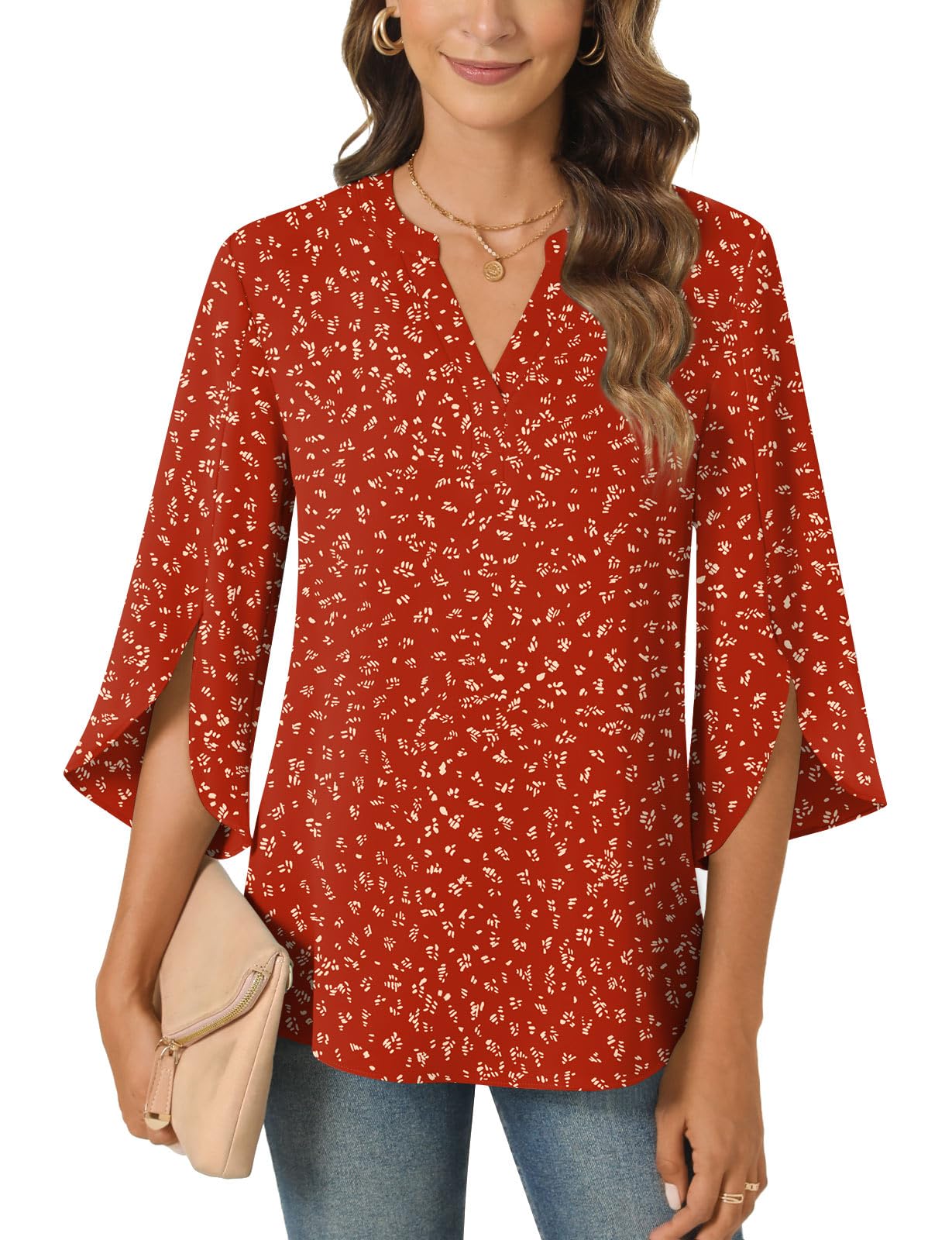 Anyally Women's Chiffon Blouses 3/4 Sleeve Summer Dressy Tunic Tops Casual Loose V Neck T-Shirts