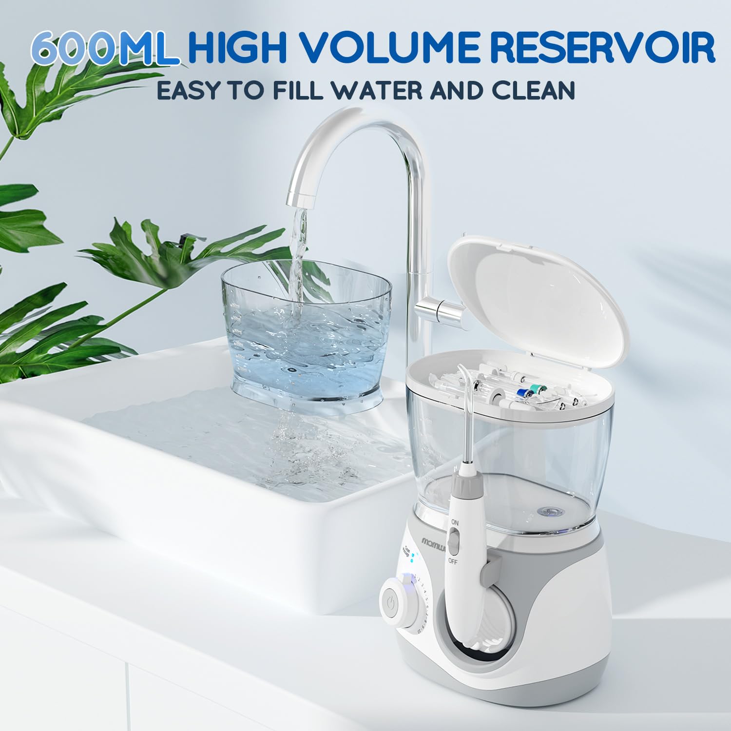 Advanced Water Flosser para dientes, irrigador oral eléctrico con 10 10 ajustes de presión, 8 boquillas, incluye punta nasal especial, tanque de 1000 ml, ideal para implantes de encías (blanco, 1000