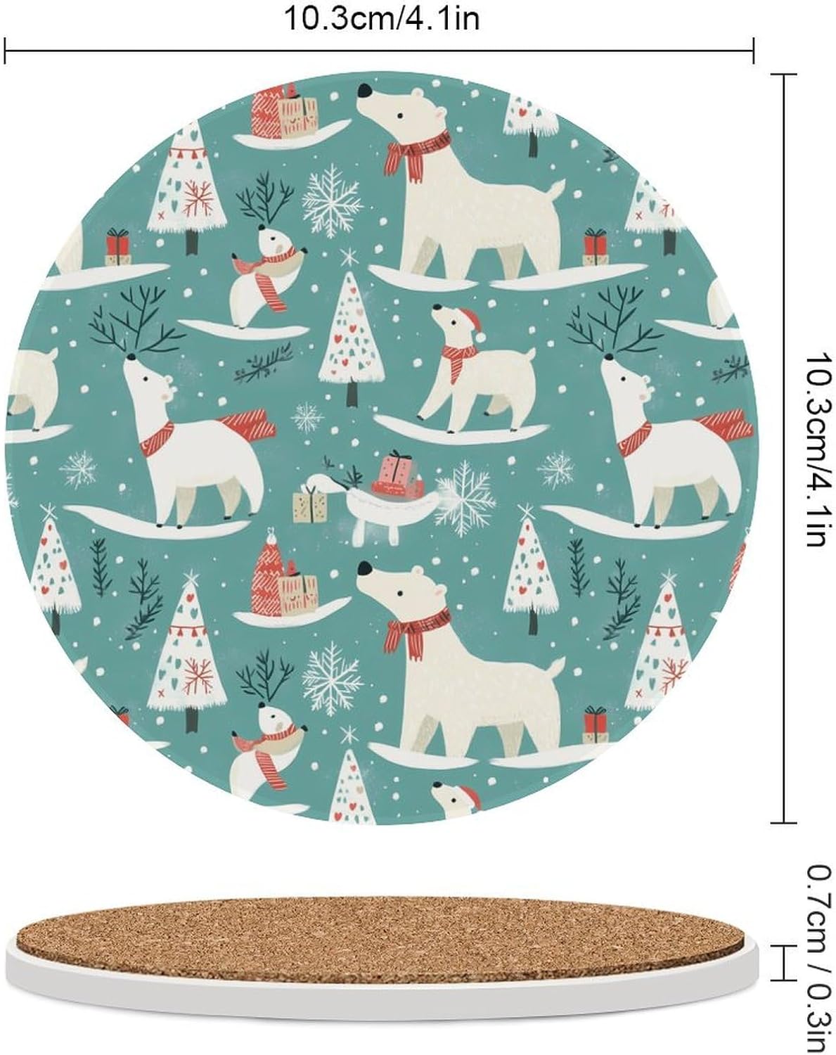 Christmas Polar Bear Round Ceramic Coasters for Drinks Absorbent Cup Holder Tabletop Protector with Cork Base