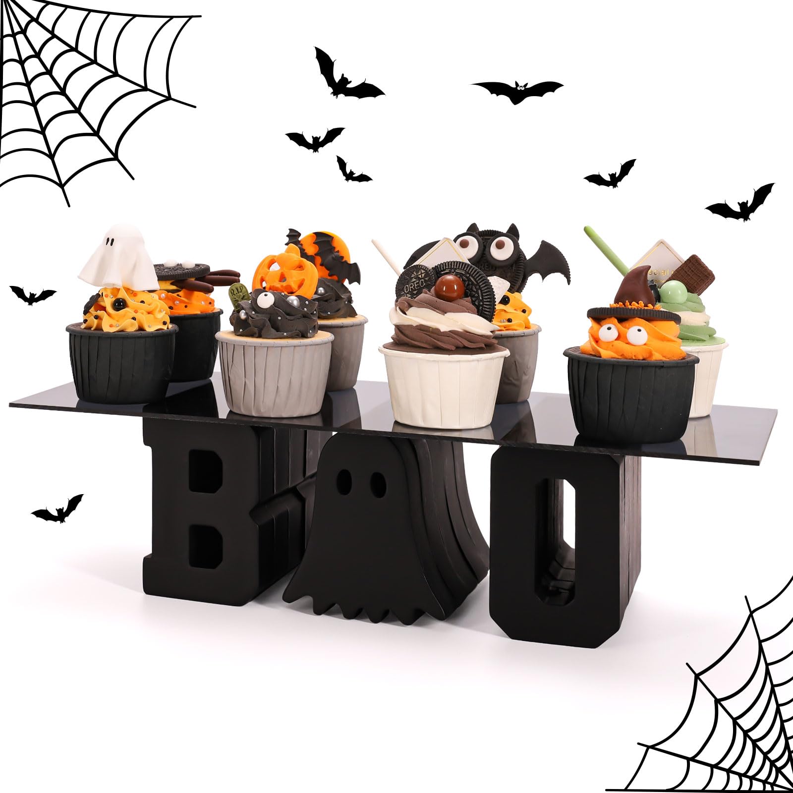 Présentoir cupcakes Halloween Whaline fantôme noir en acrylique transparent 16x40cm