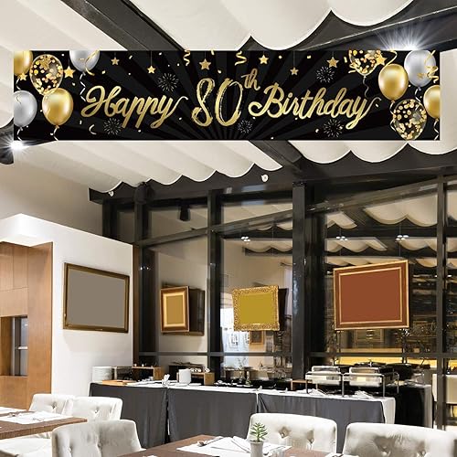 Vista 33 de Cartel de feliz cumpleaños 60 para hombres y mujeres, letrero negro y dorado con purpurina de 60 años, suministros de decoración de fiesta