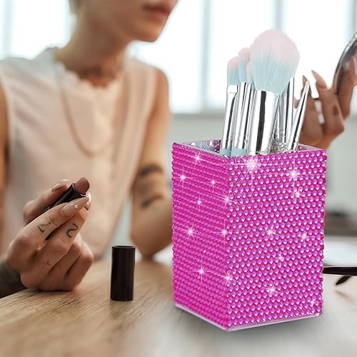 Vista 20 de KEYPOWER Portalápices de acrílico decorado con diamantes de imitación brillantes para brochas de maquillaje, accesorios modernos de papelería
