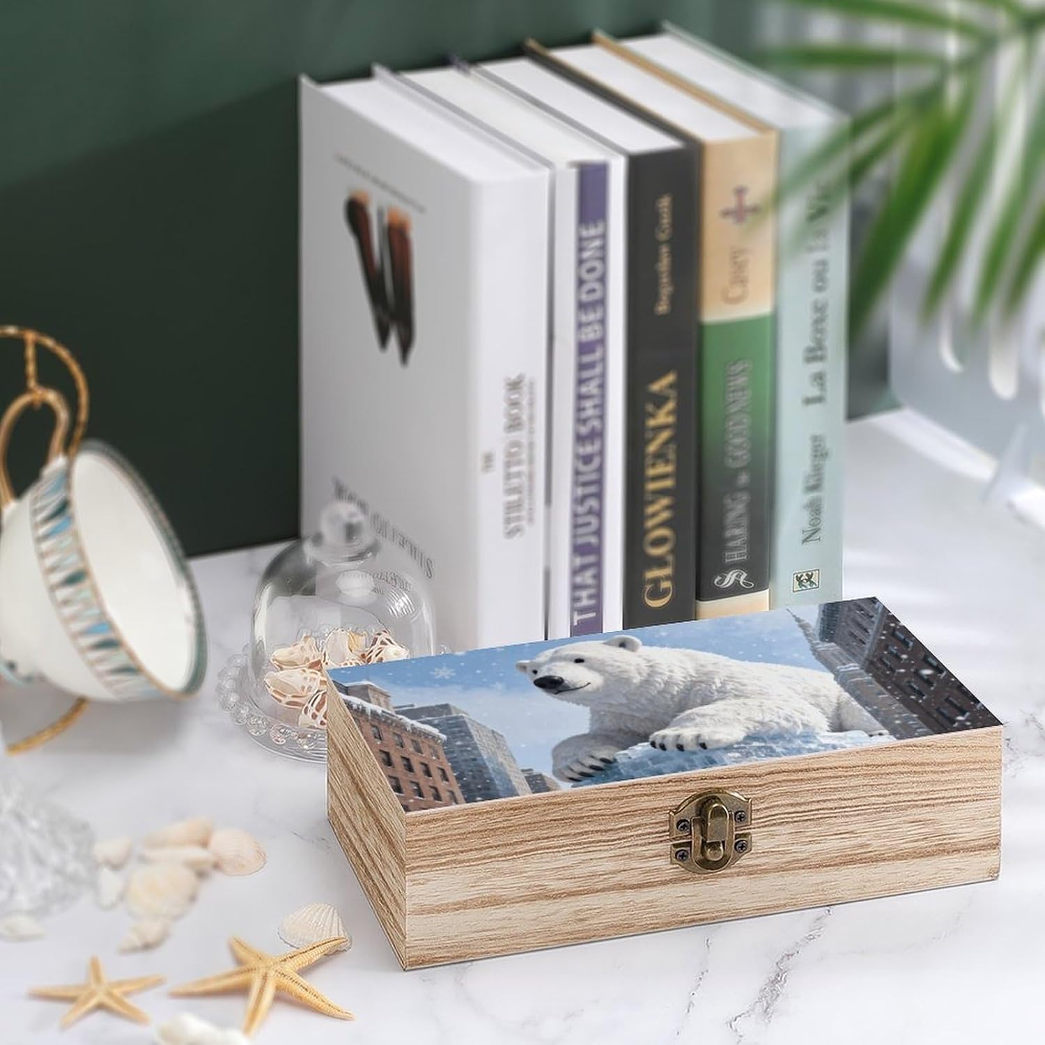 Vintage Wooden Storage Box with Hinged Lid, Snow Polar Bear Building image 4