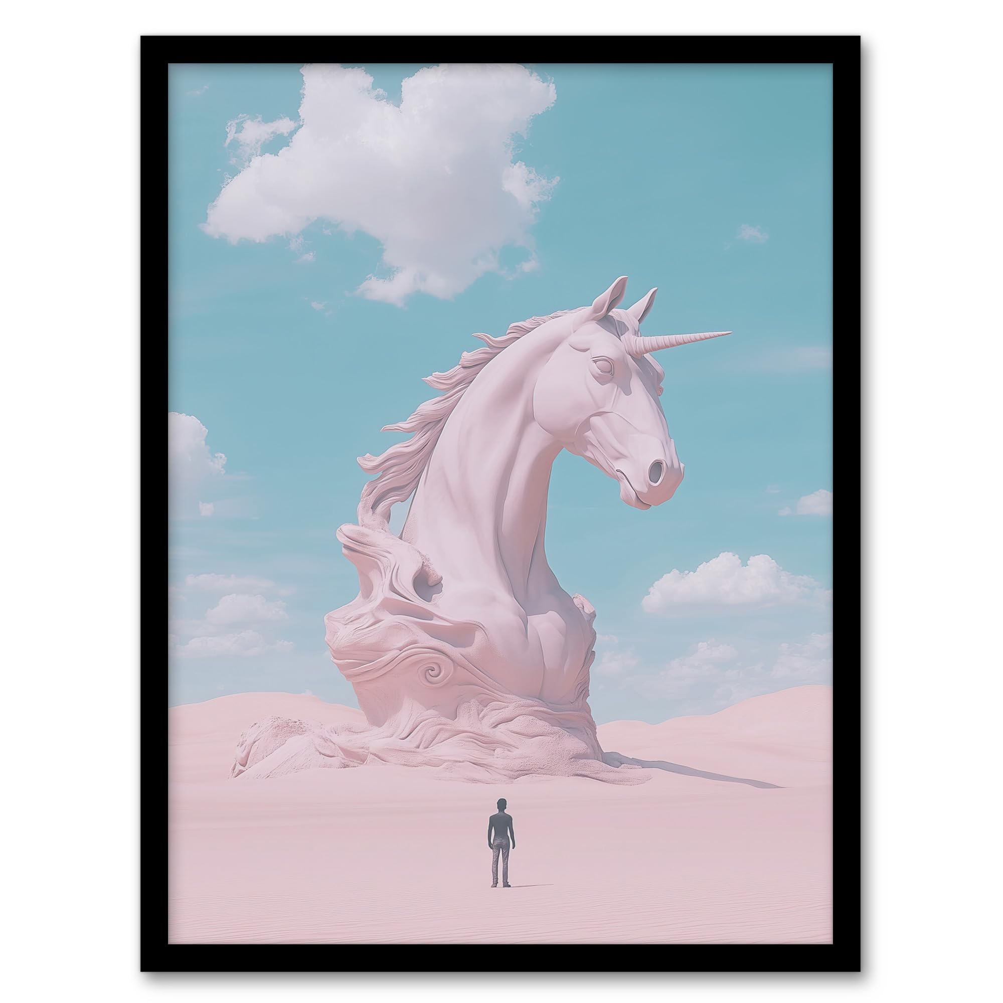 Artery8 Desert Unicorn Sand Sculpture Pastel Landscape Living Room Artwork Framed Wall Art Print A4