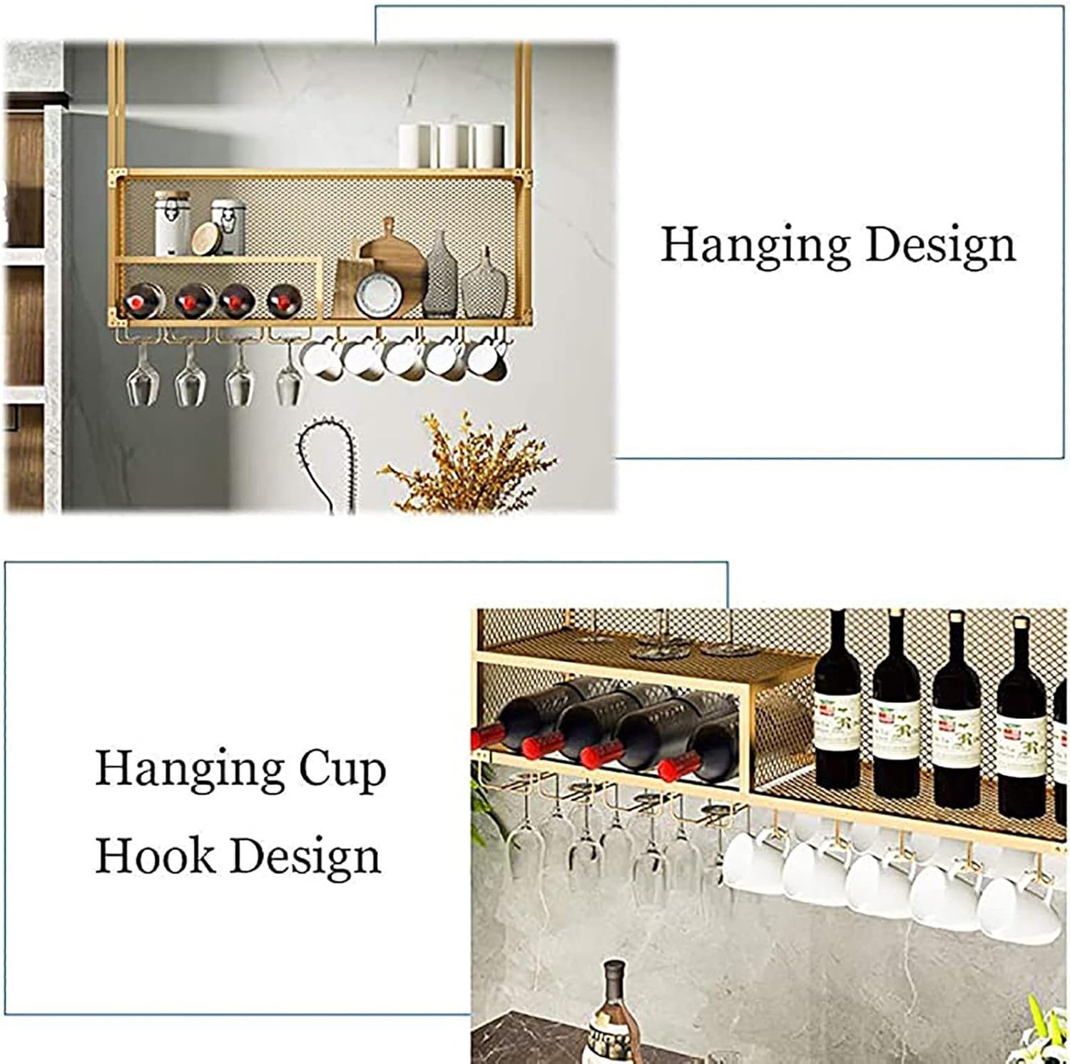 Ceiling Wine Glass Rack Industrial Vintage Gold Ceiling Rack,Ceiling Mounted Hanging Wine Bottle Holder,Goblet Stemware Holder,Decoration Shelf for Bars Restaurants Kitchens,Metal