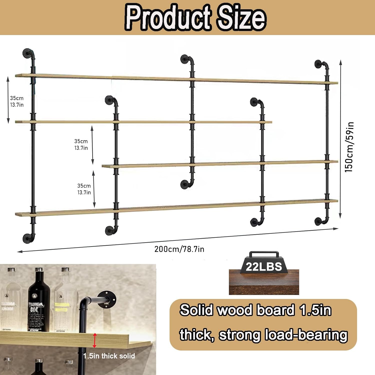 78.7IN Wine Rack Wall Mounted with LED blue Lights, 4 Tiers Modern industrial style Wood Liquor Bottles, Floating Wine Shelves Display Organizer for Home Bar, Dining Room Decoration (Teak color)