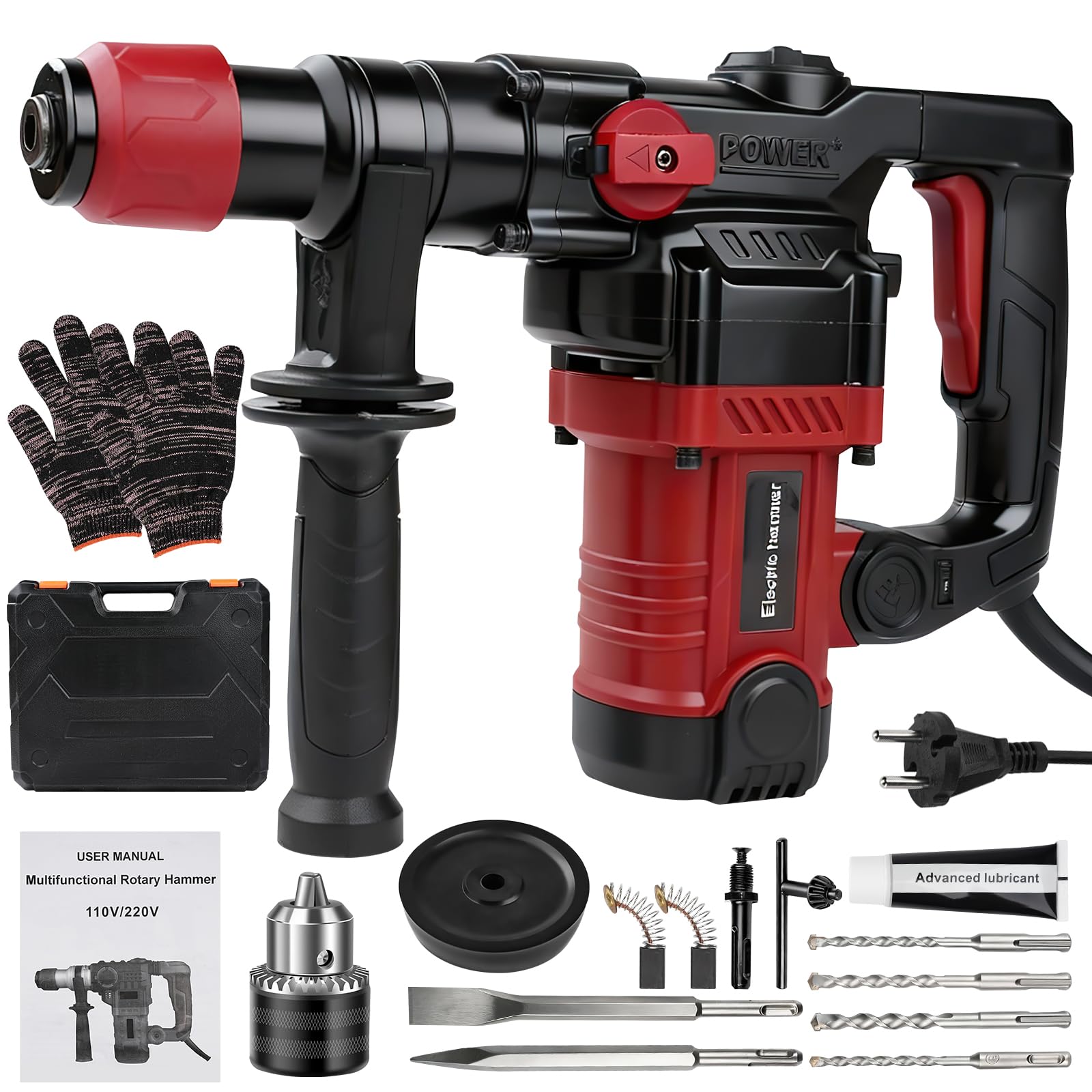 SDS-Plus Hammer Drill 1300W, 6J Electric Hammer Drill, 6 Variable Speed 0-4000RPM Demolition Hammer with Cable, 4 in 1 for Professionals and DIY Hobbyists