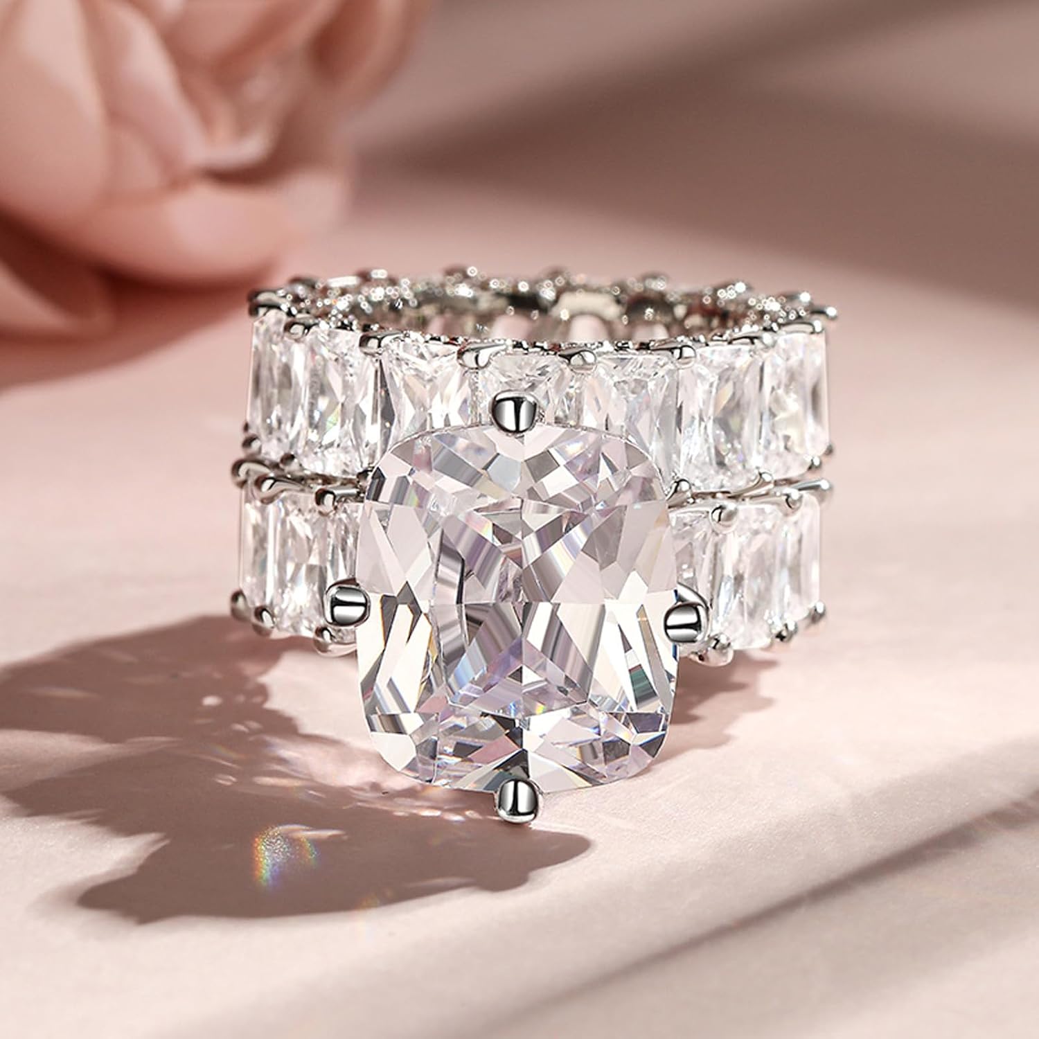 Jeulia Cushion Cut Three Sided Pave Sterling Silver Eternity Ring Cubic Zirconia Art Deco Halo Wedding Engagement Anniversary Rings Set - Image 3