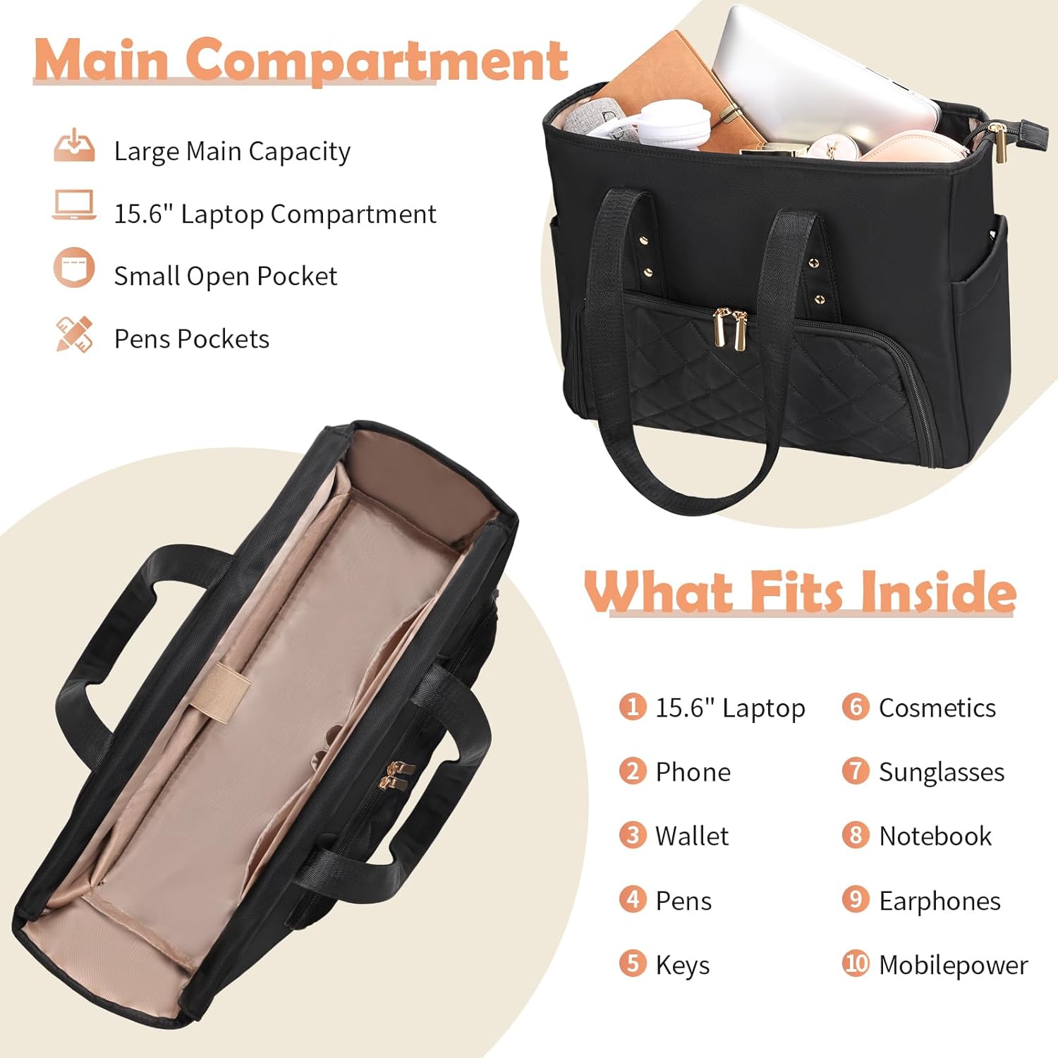 Jetviivid Lunch Tote Bag for Women, 15.6 Inch Laptop Bag with Insulated Lunch Compartment & Cup Holder for Work, Office,Teacher,College, Daily, Black