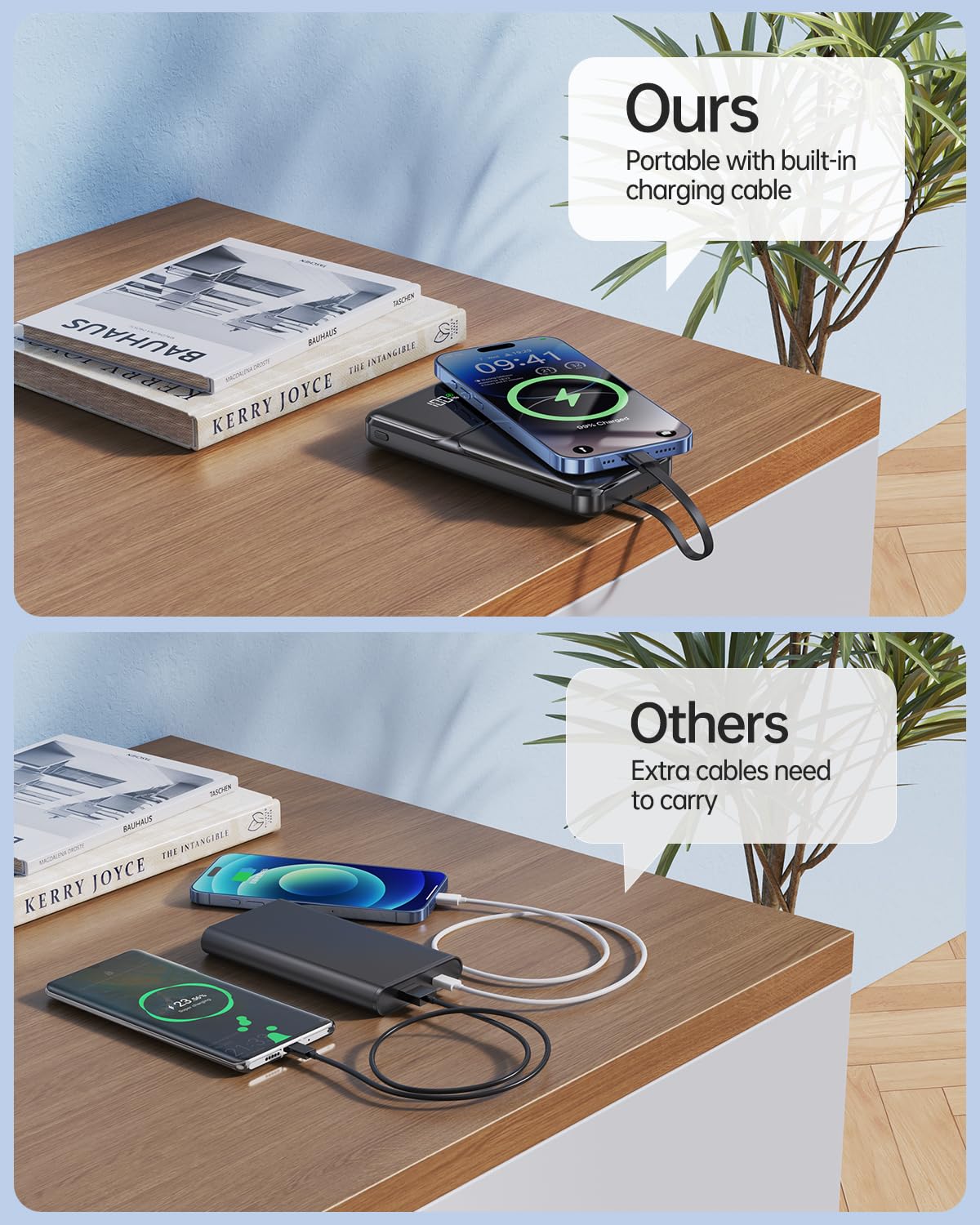 Power Bank 15.000mAh Built-in 4 Cavi, Caricatore Portatile USB C 22.5W Ricarica Rapida Powerbank, PD20W Power Bank con Display LED per Smartphone