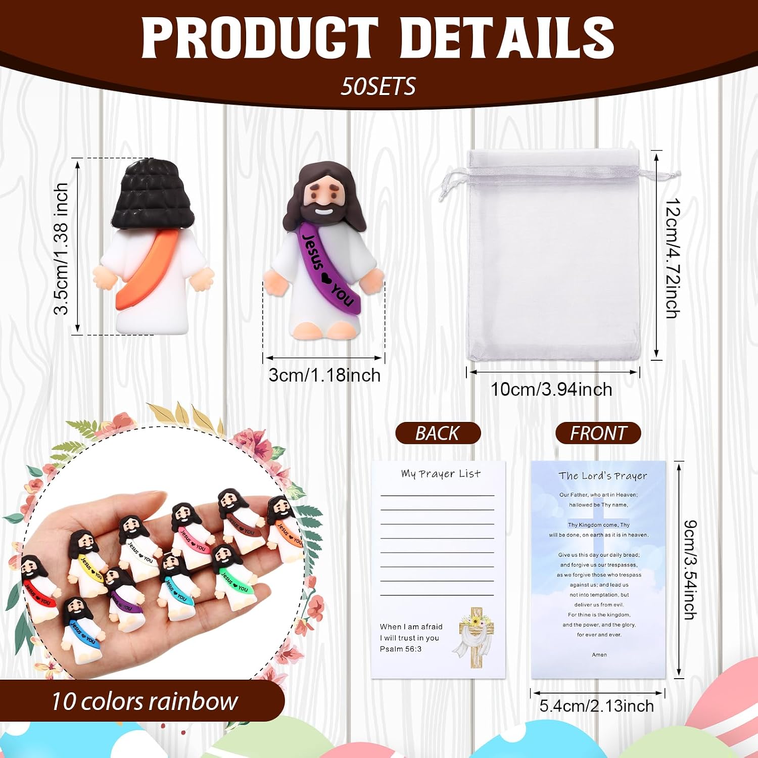 Bememo 150 Pcs Christian Gifts Bulk Bible Verse Cards Little Jesus Figures Prayer Cards Organza Bags for Easter Hunt Religious Party Favors Sunday Baptism, 50 Set(Bright Color,Love You)