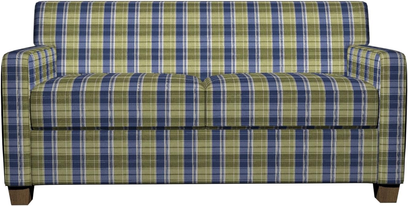 Blue and Light Green Classic Plaid Jacquard Upholstery Fabric by The Yard - SKU: Miranda Laguna