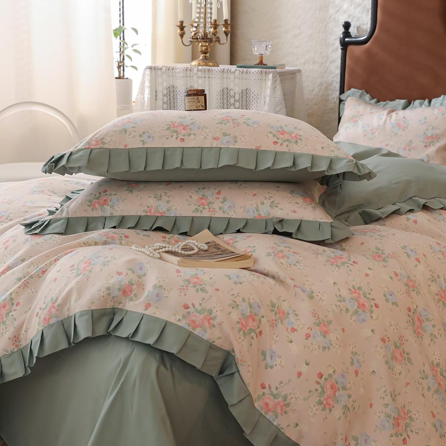 Green Ruffle Duvet Cover Full Chic Garden Style Blooming Bedding Sets Teen Girls,Super Soft Comfy 100% Cotton Quilt Covers,with Zipper Closure & Corner Ties