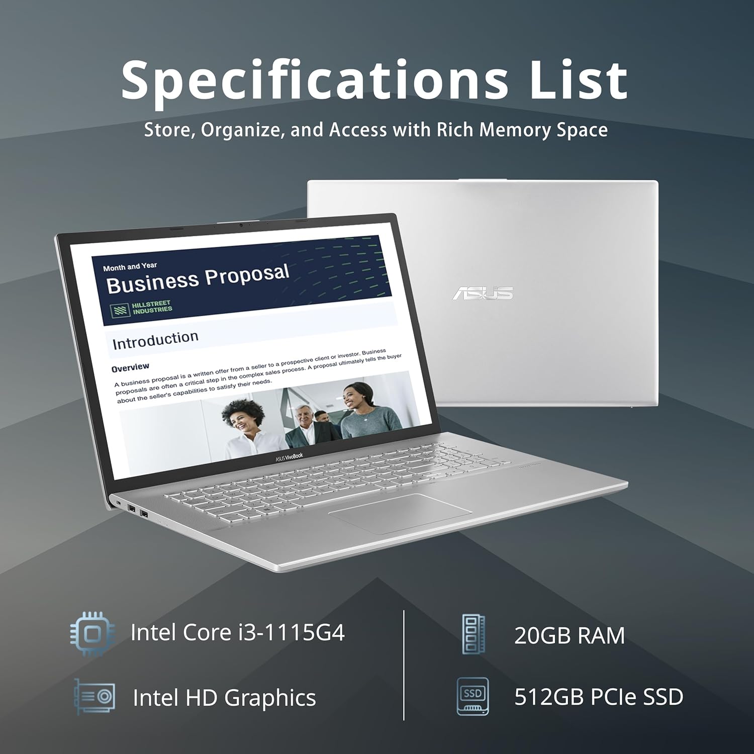 ASUS VivoBook 17 17.3" FHD Laptop, Intel Core i3-1115G4 Processor, 20GB DDR4, 512GB PCIe SSD, Intel HD Graphics, Bluetooth, Windows 11, Transparent Silver, 32GB Hotface USB Card