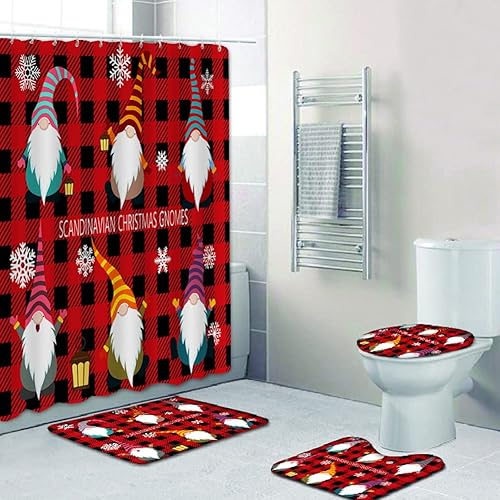 Miniatura 79 de Juego de 4 cortinas de ducha con alfombra antideslizante, cubierta para tapa de inodoro y tapete de baño, cortina de ducha de Papá Noel con 12 Papá