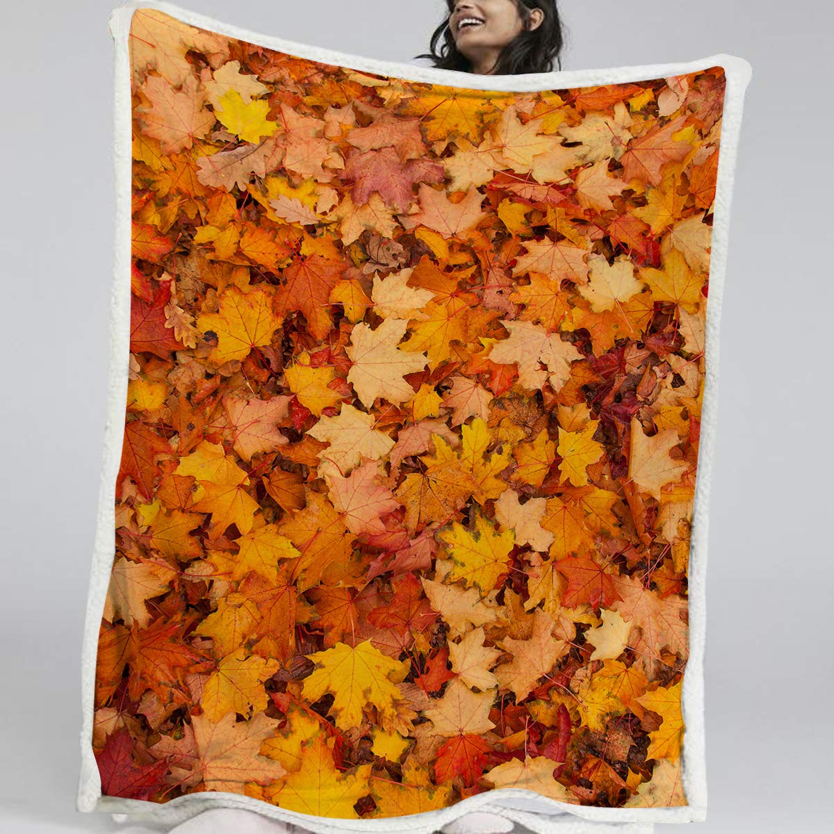 BlessLiving Autumn Leaves Reversible Luxury Sherpa Blanket Red and Orange Leaf Plush Throw Blanket Fleece Plush Blanket for Bed and Couch Twin/Double (150x200cm)
