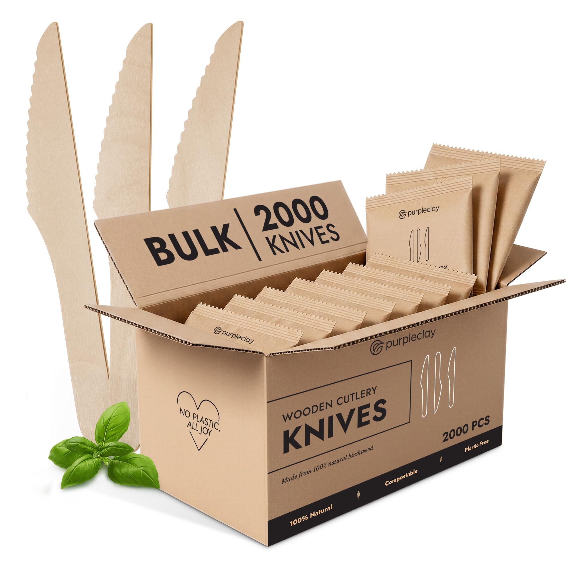 PURPLECLAY Bulk Wooden Disposable Knives 2000 Pieces, FSC Certified Birchwood Compostable Knives, Eco Friendly Plastic Free for Restaurants, Catering, Schools, Charcuterie Knife Alternative