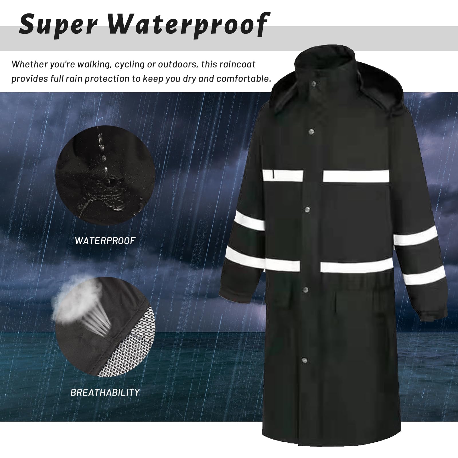 Ynport Crefreak Impermeabile da uomo Giacca da pioggia lunga impermeabile Abbigliamento antipioggia traspirante Riflettente con cappuccio ripiegabile per uomo Donna Adulti