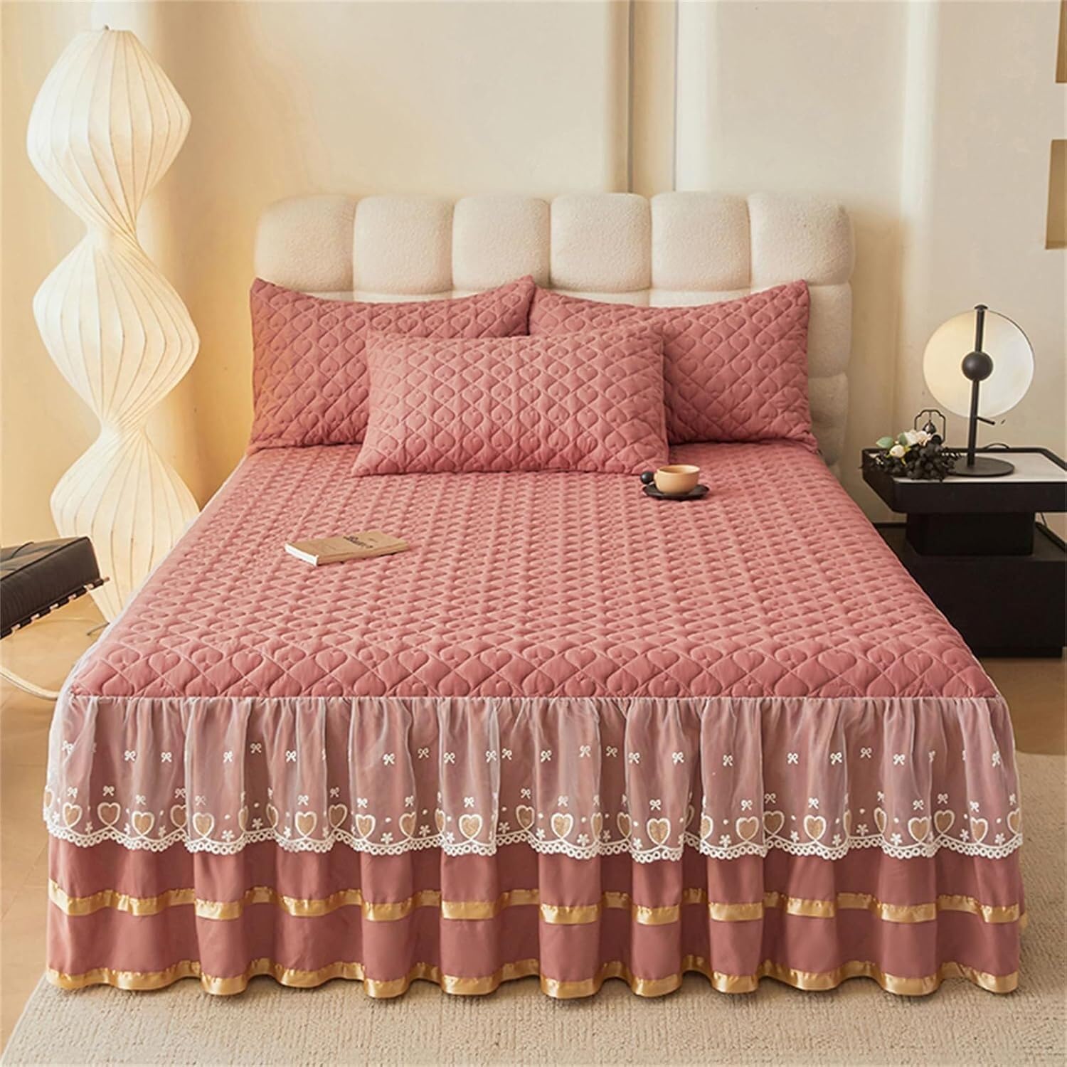 Drap-housse matelassé 180x220 et jupe de lit à volants anti-glissement pour protéger le matelas