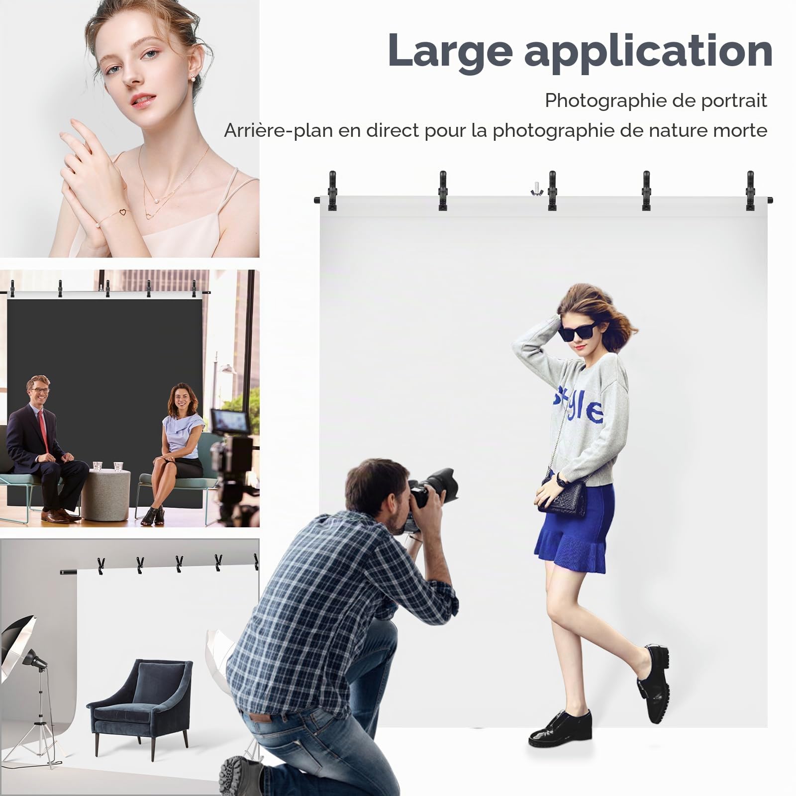 Toile de fond blanche noire avec support, Foccalli 2 en 1 2 x 1,5 m, kit de fond noir et blanc pour Chroma Key Streaming Gaming Photoshoot avec sac de transport et 5 clips