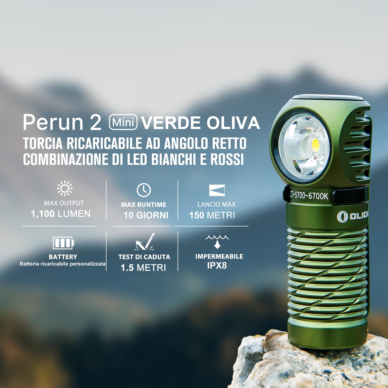OLIGHT Perun 2 mini Lampada Frontale LED 1100 Lumen Torcia Elettrica Ricaricabile 5 Livelli di luminosità, Regolabile a 180° per Corsa, Jogging, Campeggio, le segnalazioni di emergenza(Verde Oliva CW)