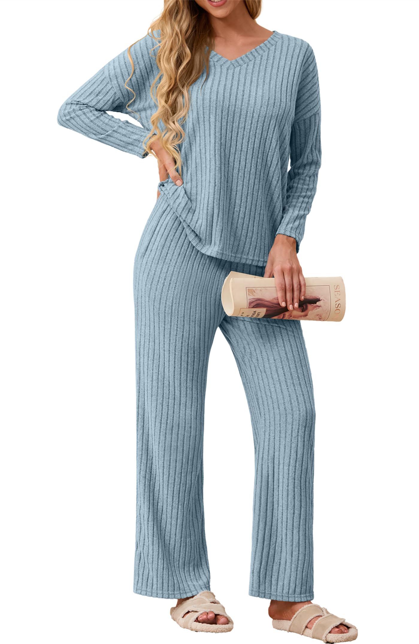GRECERELLE Womens Pyjamas Set Lounge Wear Pjs for Women UK Ribbed Loungewear Autumn 2 Piece Outfits V-Neck Long Sleeve Blouses And Wide Leg Trousers Sleepwear Homewear