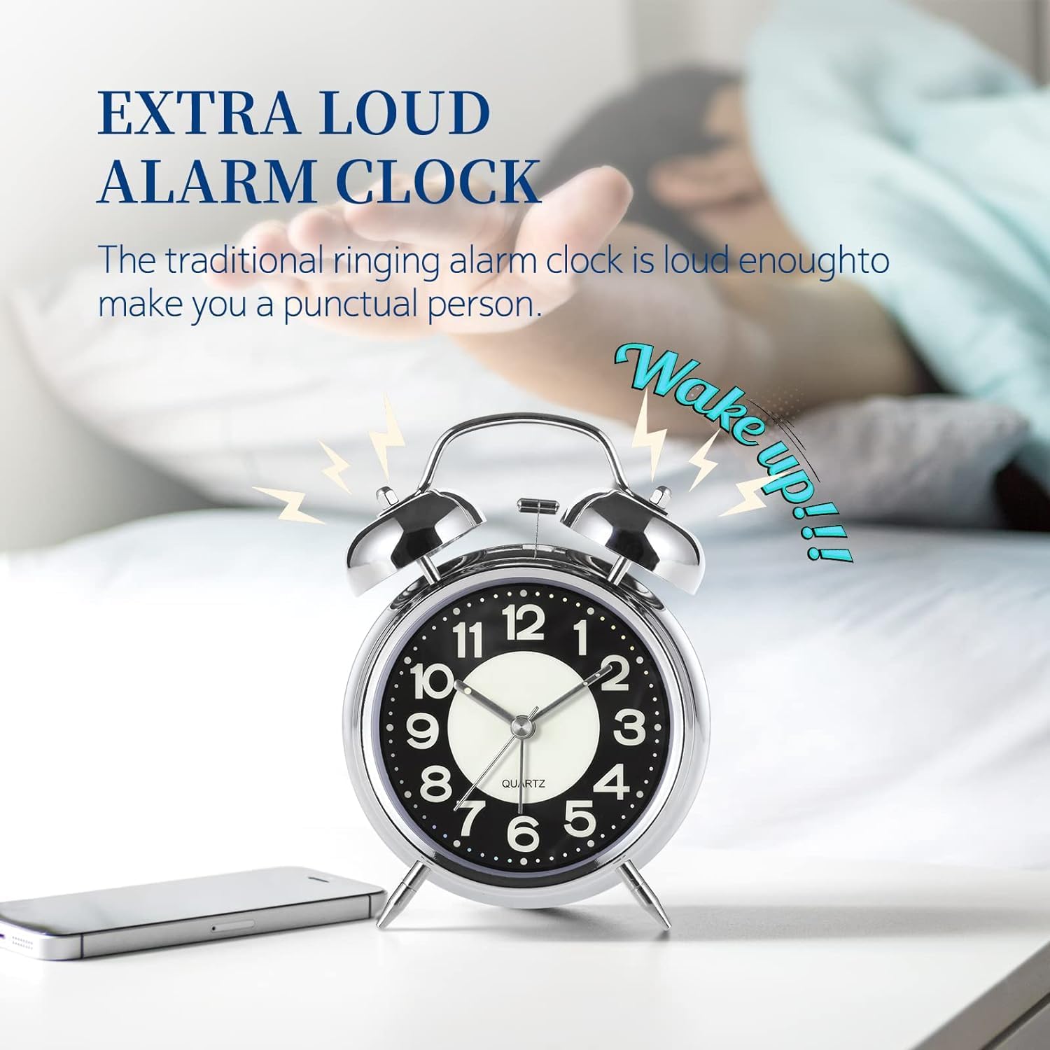 FLOITTUY Vintage Twin Bell Analog Display Table Alarm Clock with Night Led Light Heavy Slippers Extra Loud Alarm Clock Ideal for Student and Kids Bedroom (Silver) 2