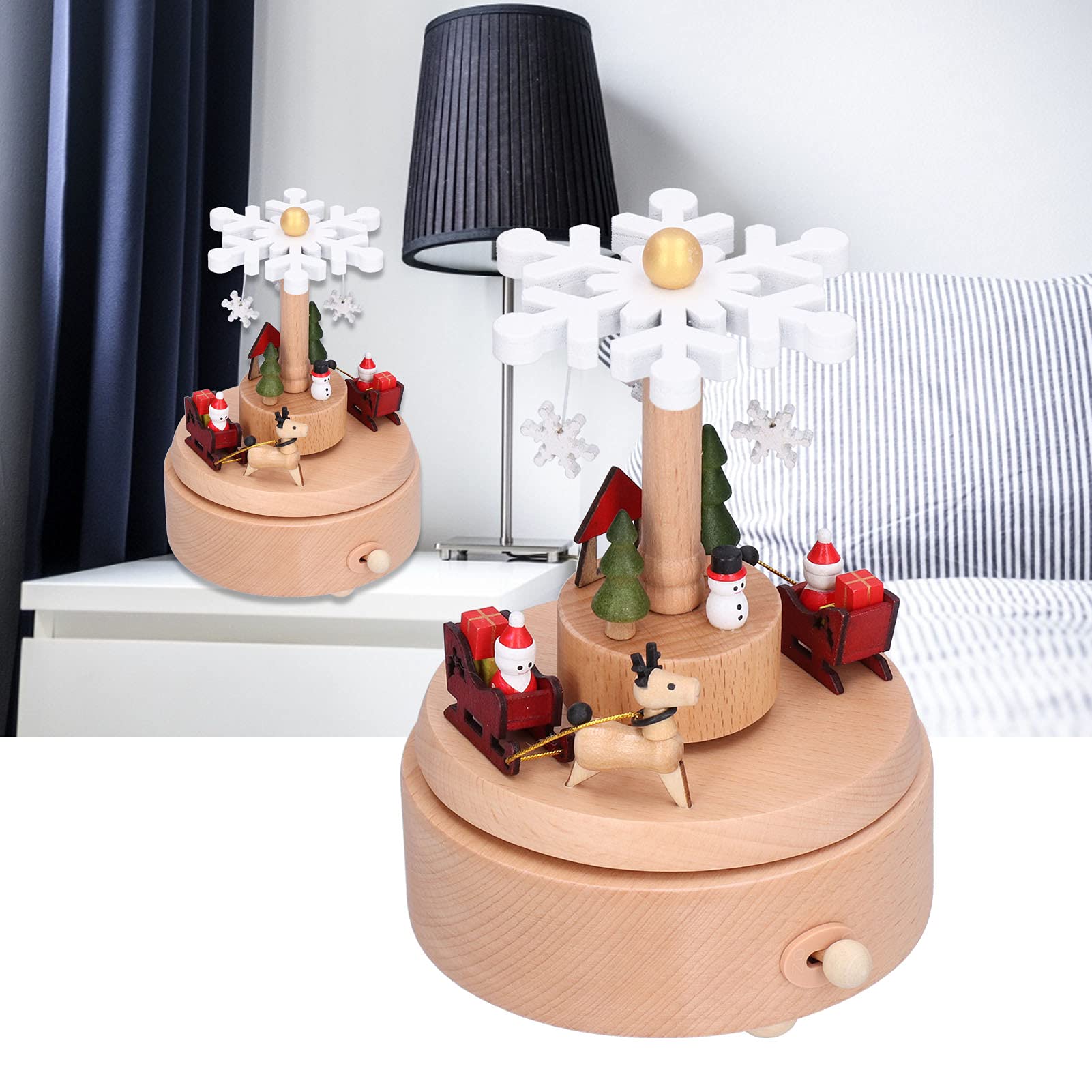 YESYZX Caja de música de Madera Adorno navideño Decoración de Copos de Nieve Textura de Grano de Madera Sonido Hermoso Caja de música navideña