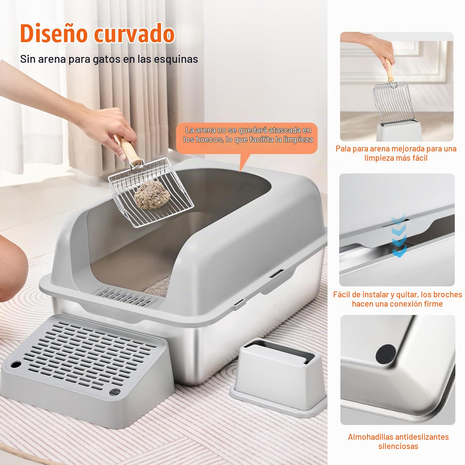 VEVOR Caja de Arena para Gatos 60 x 40 x 30 cm Arenero Extragrande de Acero Inoxidable con Pala, Tablero Ancho con Filtro y Lados Altos, Arenero Semiabierto sin Olores para Gatos Grandes, Gris Claro