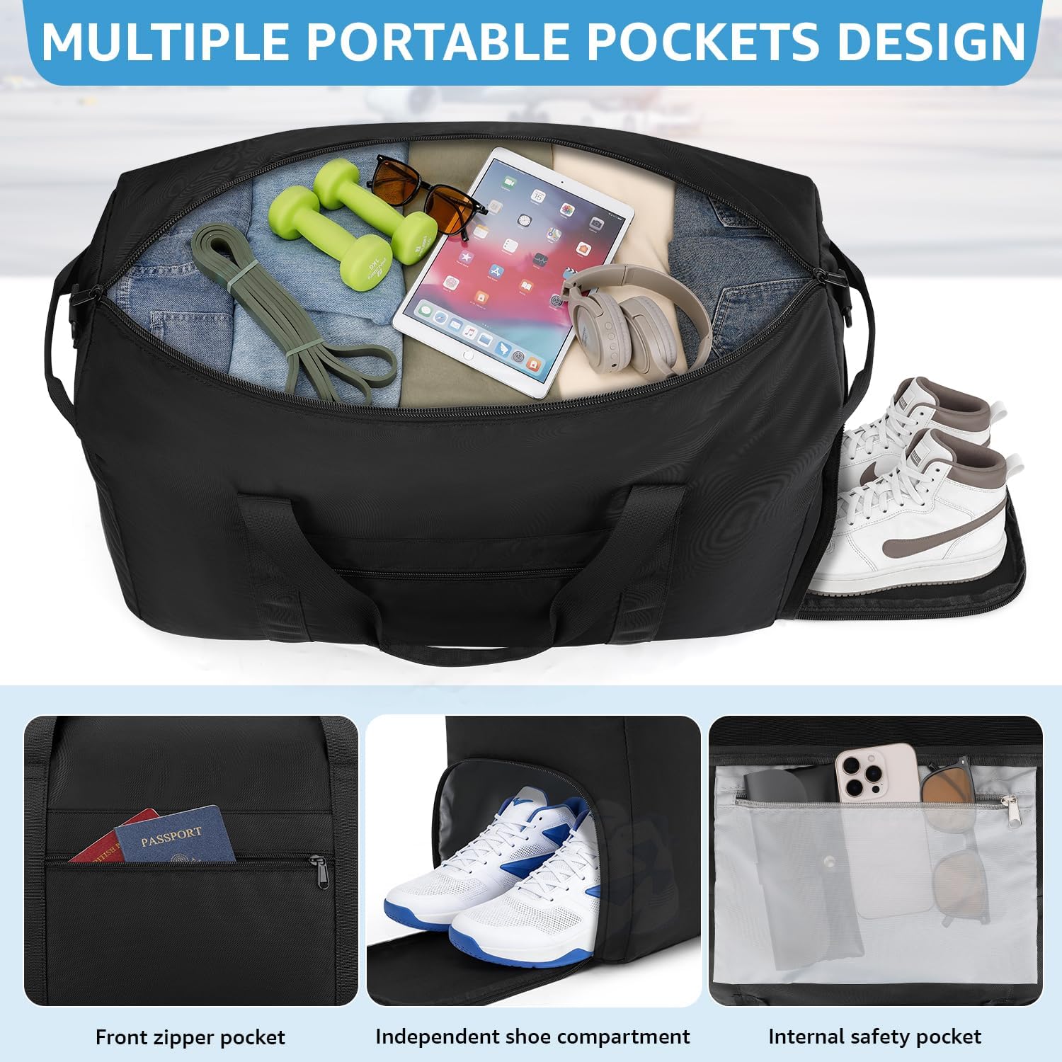 ETRONIK Carry On Luggage 22x14x9 Airline Approved, 45L Large Travel Duffel Bags With Shoe Compartment, Waterproof Carry on Bag for Airplane, Duffle Bag for Travel Weekender Overnight Gym, Black - Image 4