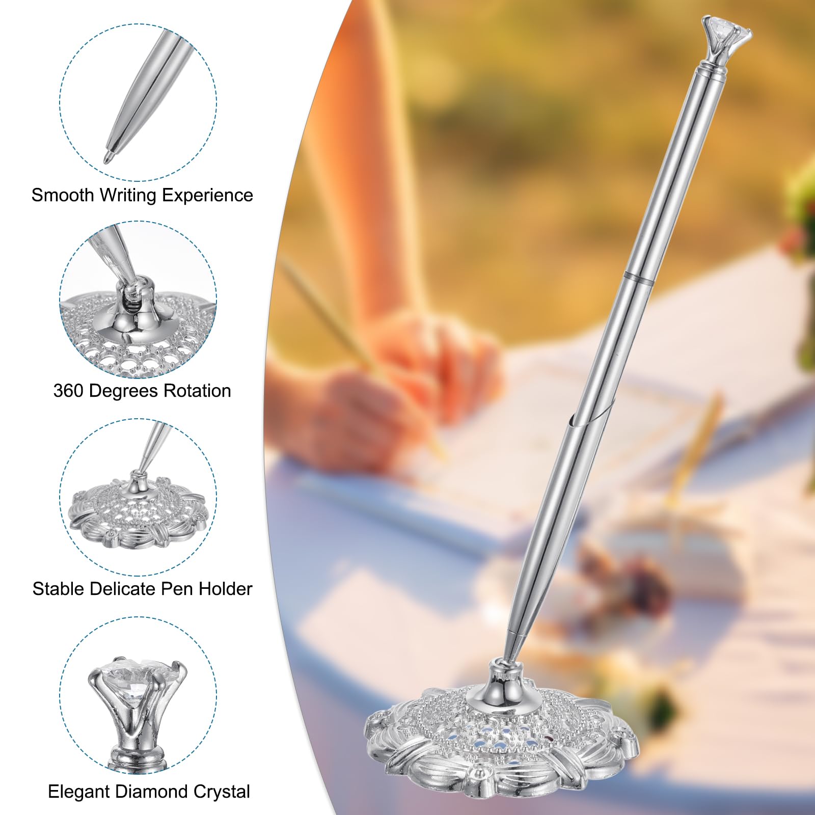 PATIKIL 2Set Small Diamond Wedding Pen Guest Book Pen with Holder,Silver Tone, 1 count (Pack of 2) - Image 3