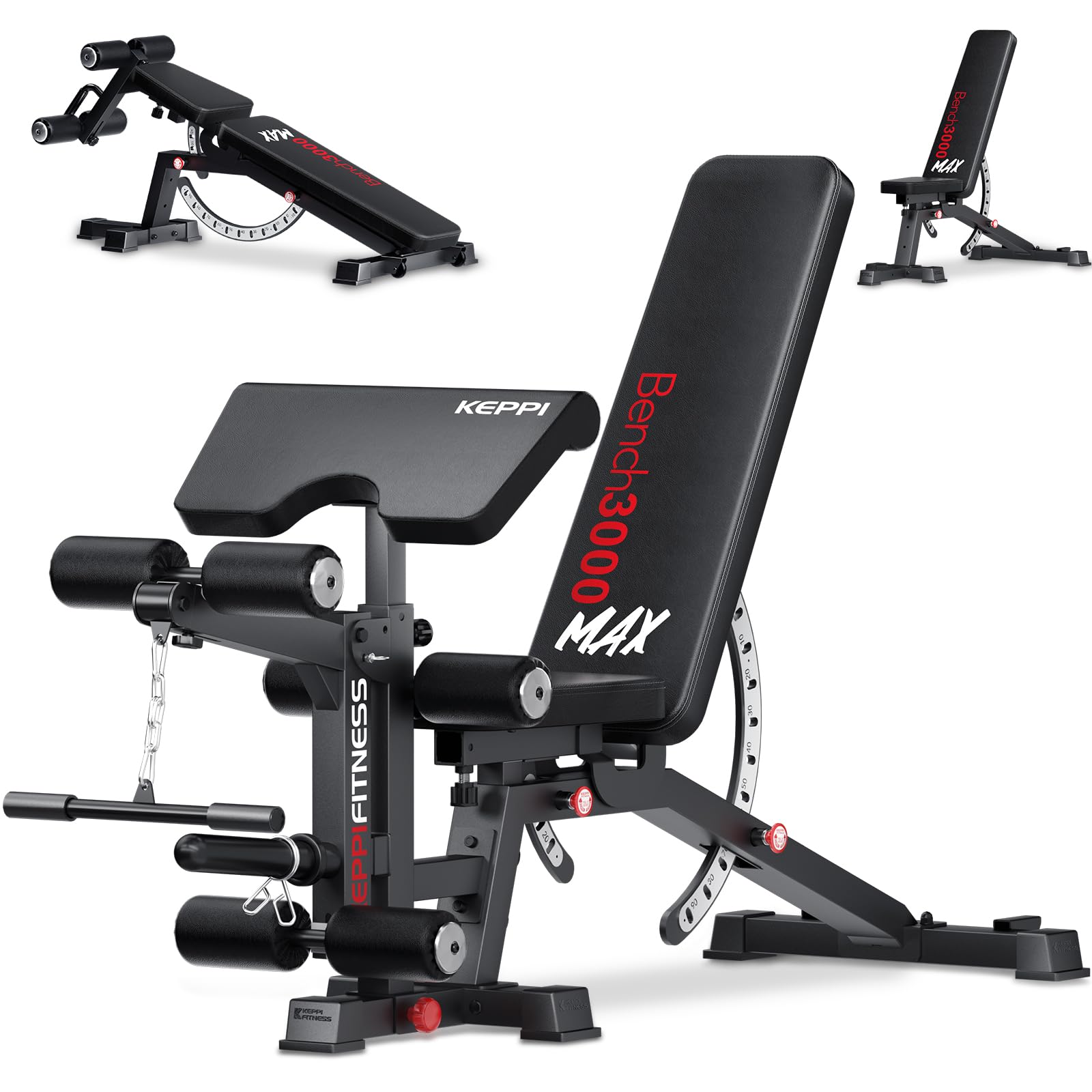 Keppi Banc Musculation, Capacité de 600 kg, Réglable et Robuste pour Salle de Sport à Domicile, Entraînement Complet du Corps avec Extension des Jambes et Prêcheur - Bench3000 Max