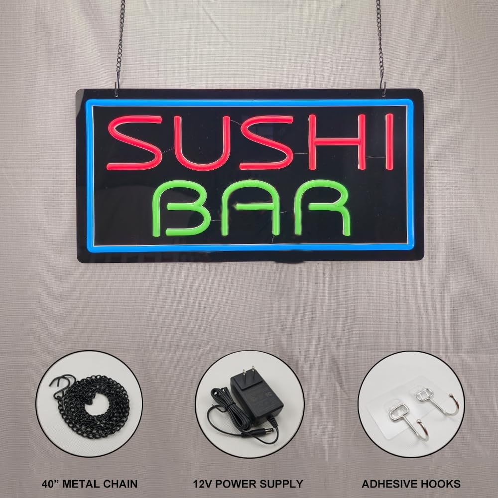 Sushi Neon Sign for Business, LED Neon Light Sign for Sushi Window Décor, Pure Acrylic Display Board, 12V Power Supply. 19” x 9.5”