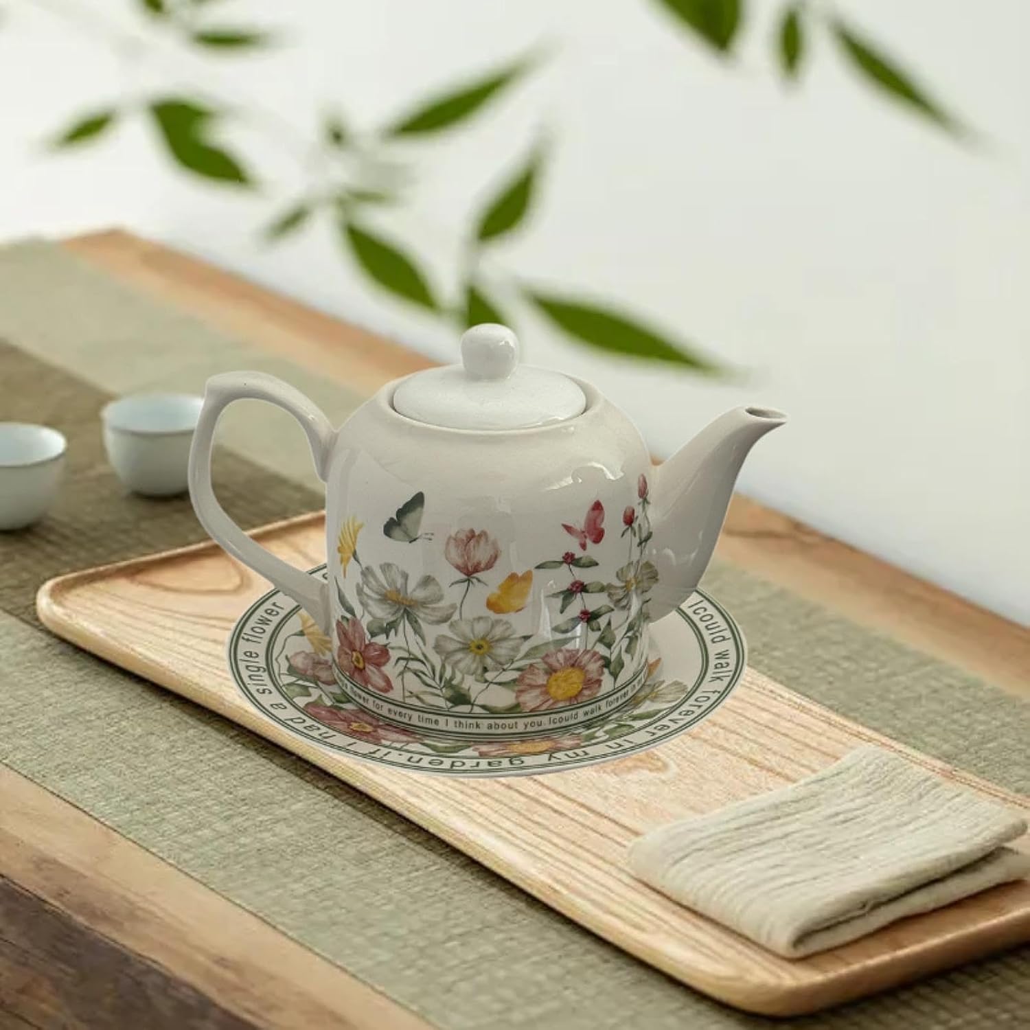 Teiera Floreale con Piattino, Bollitore per Acqua in Porcellana per Tè Pomeridiano, Brocca per Caffè e Latte