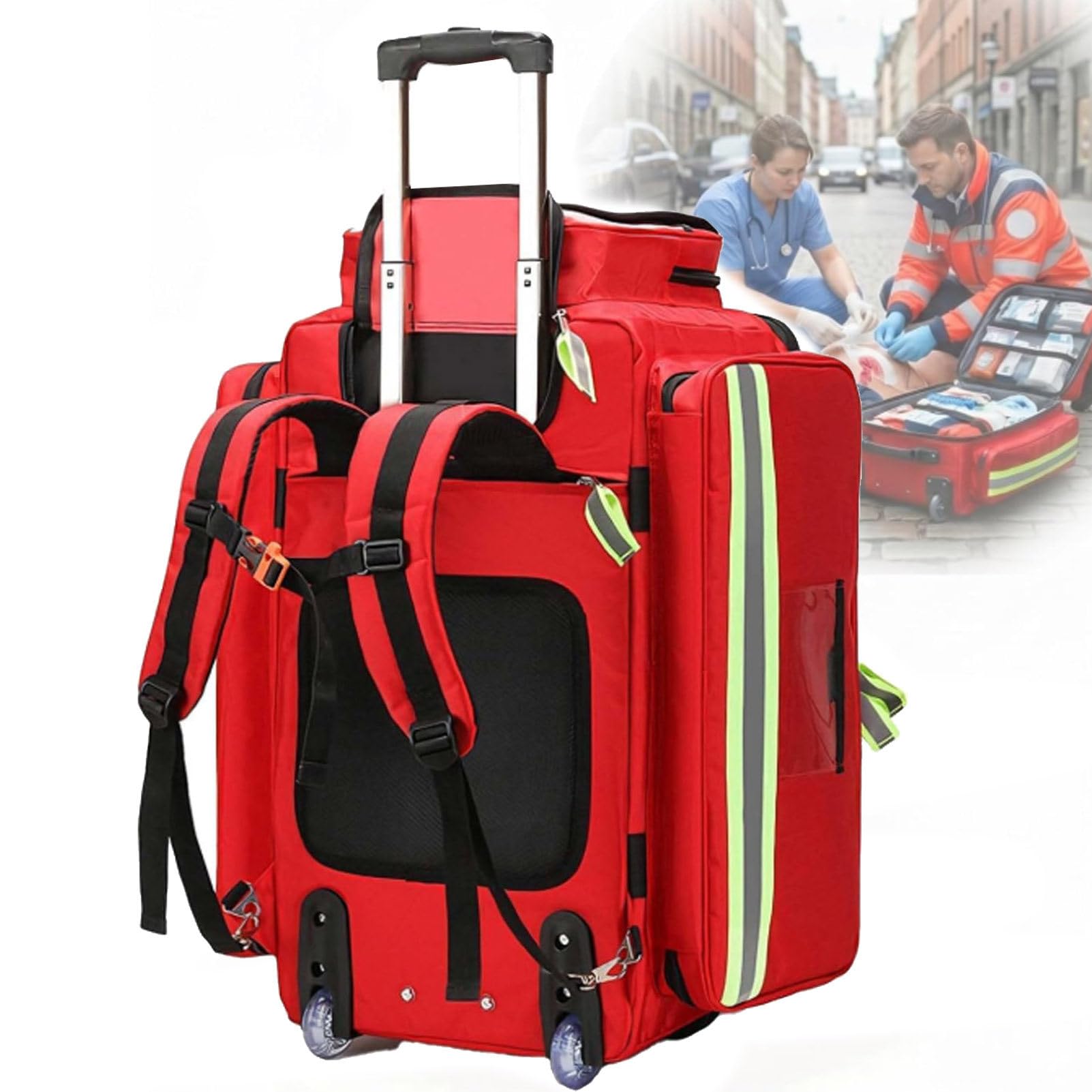 First Responder Bag with Wheels, Fire-retardant&Oxford Cloth, Trauma Backpack Empty, Medical Emergency Kits Storage Jump Bag Pack, for EMT, EMS, Police, Firefighters, Home Health Nurses Red-105cm