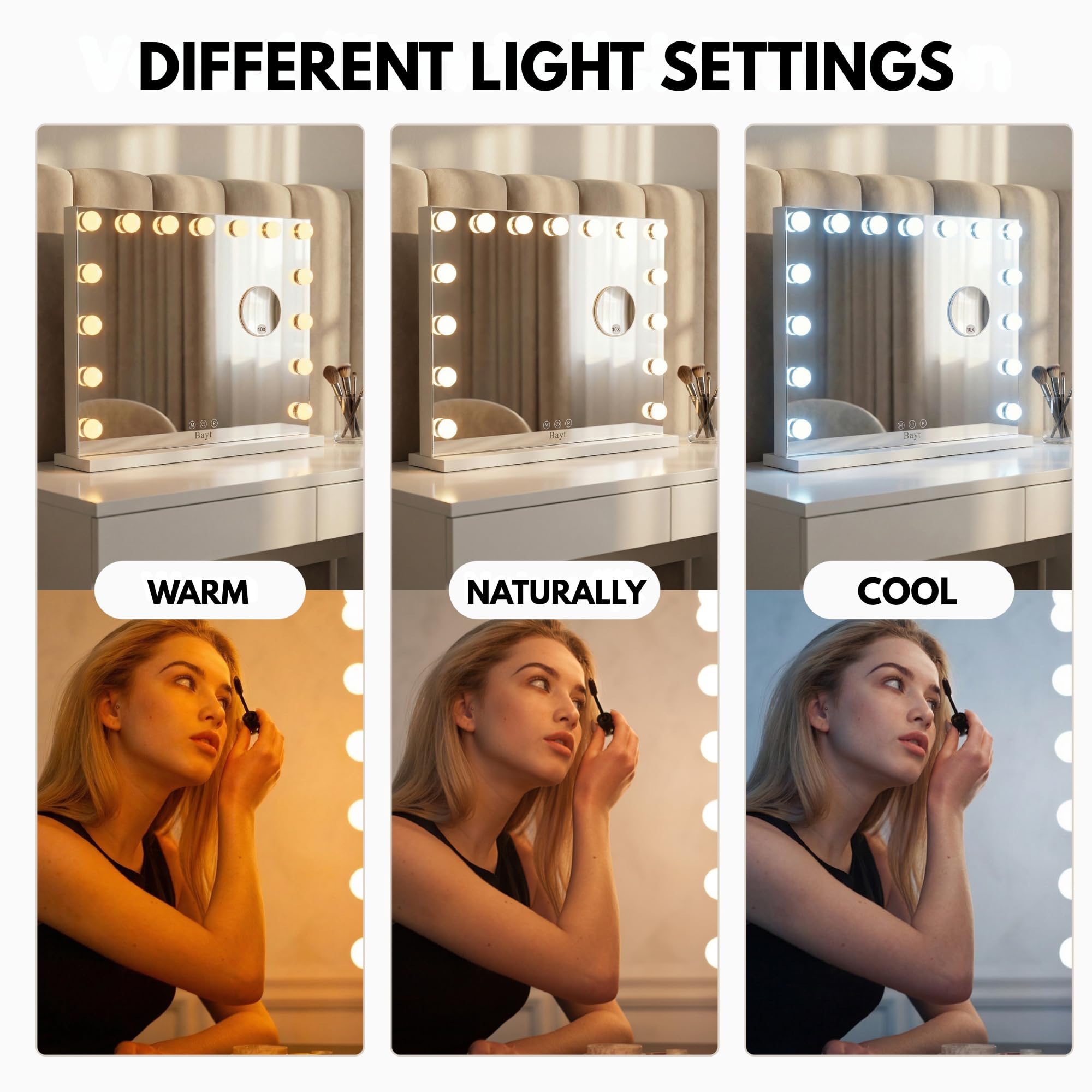 Bayt Specchio Hollywood con luci LED – Specchio Trucco Bianco 58x46 cm con 15 Lampadine Dimmerabili, 3 Tonalità di Luce (calda, fredda, naturale), Touch Screen & Specchietto Ingranditore 10x