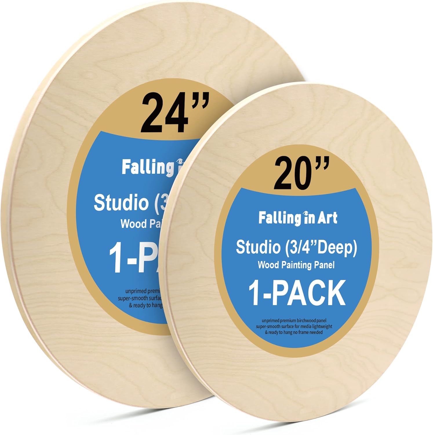 Falling in Art Unfinished Round Birch Wood Panels Kit for Painting, Wooden Canvas 2 Pack of 20 and 24" Studio 3/4" Deep, Cradle Boards for Pouring, Art, Crafts, Burning and More