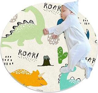 Tapis rond motif dinosaure bleu vert - Tapis décoratif antidérapant - Lavable en machine - Tapis de jeu oriental super doux - 80 x 80 cm