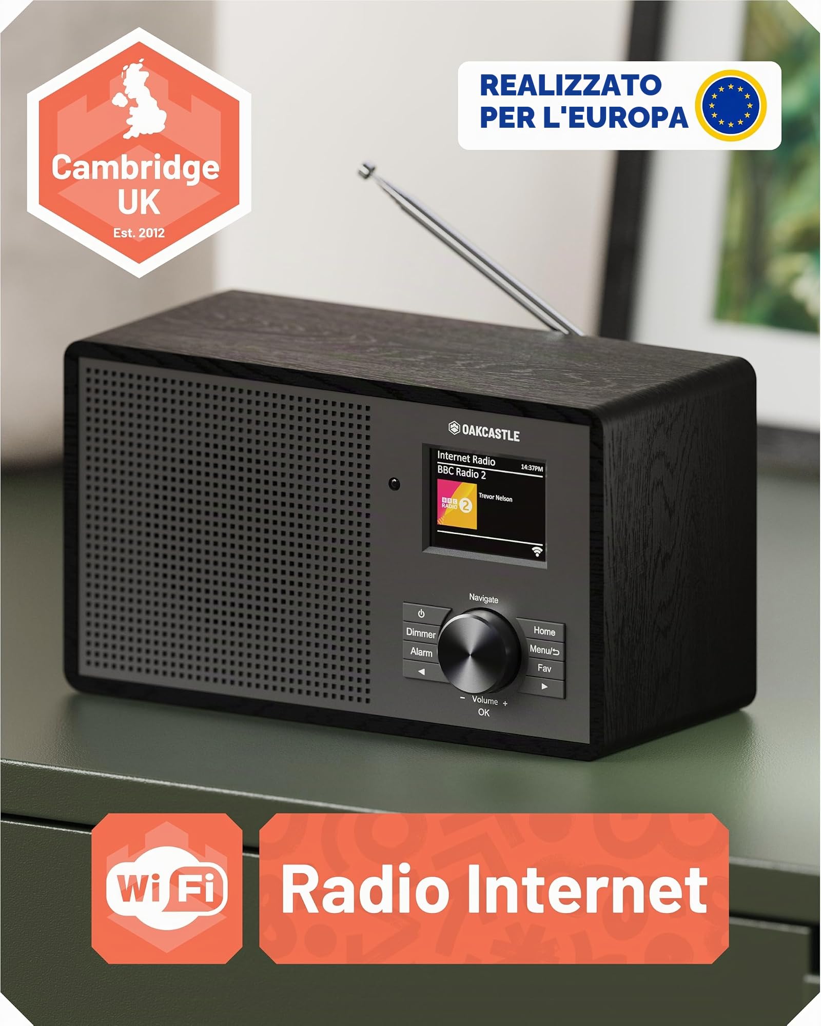 OAKCASTLE IR200 Radio Internet WiFi con Bluetooth 5.3 e Ingresso AUX | DAB+ e FM con Sintonizzatore Digitale | Podcast, Telecomando Incluso, Schermo a Colori Dimmerabile e EQ Personalizzabile