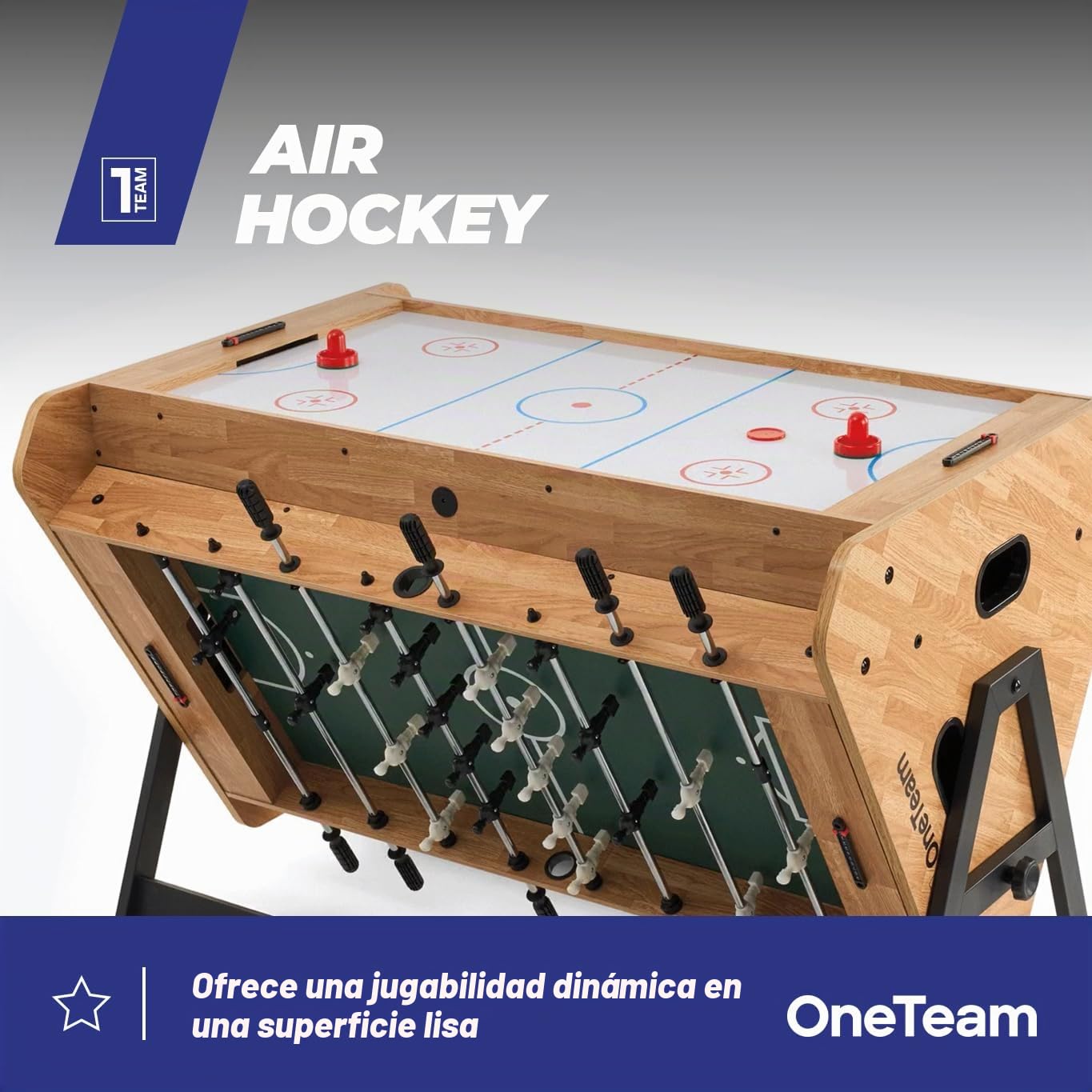 OneTeam FunArena 3en1 – Mesa de juegos: futbolín, billar, air hockey; multifuncional, estable, compacta con campos de juego intercambiables, ideal para el hogar, salas comunes y salas de juegos