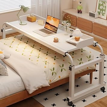 Height Adjustable Overbed Table with Wheels, Mobile Over Bed Desk with Adjustable Tilt Stand, Mobile Laptop Cart Computer Desk (White)