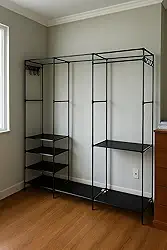 Arara de Roupas Tripla Cabideiro Metálico Ajustável – Closet Aramado p/Quarto, Sapateira + Prateleira, Guarda-Roupa Casal Grande Cor Preta, Montagem Fácil