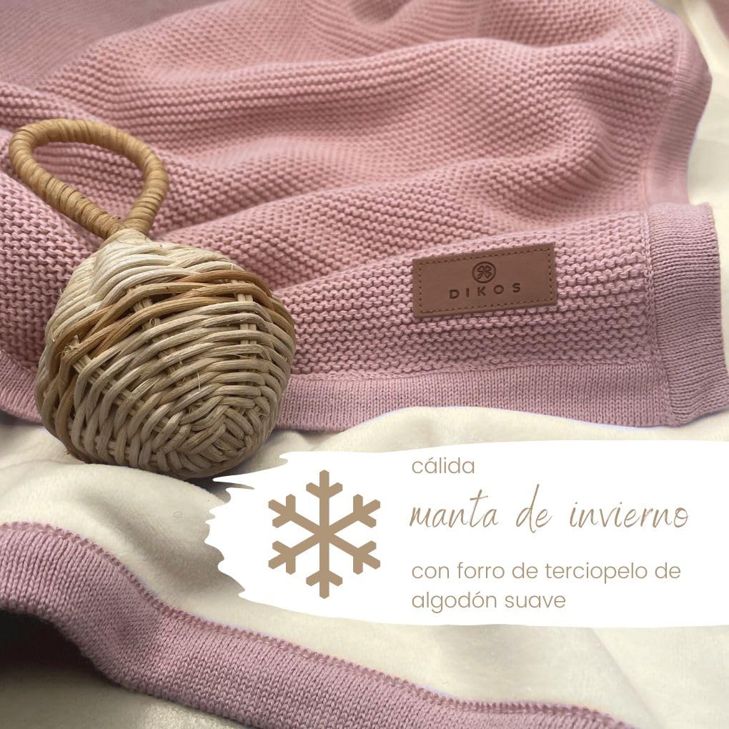DIKOS® Manta Invierno Rosa Antiguo | Algodón/Terciopelo Certificada Oeko-Tex | Para Cochecito Con Bordura | Arrullo Bebé Recién Nacido Regalo Nacimiento