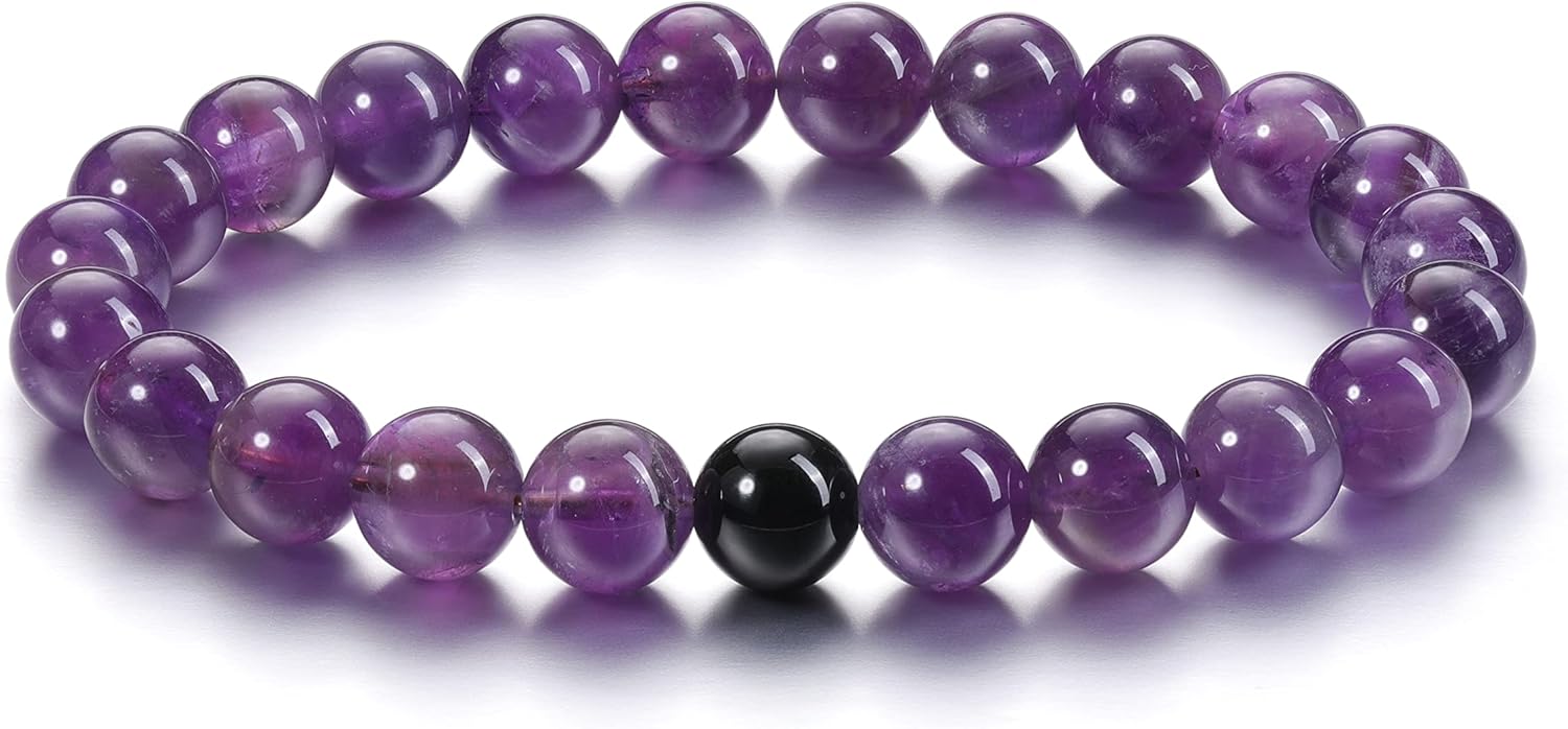 Jovivi 2pcs 8mm Black Obsidian & Amethyst Healing Crystal Stone Stretch Bracelets Handmade Natural Round Gemstone Beaded Energy Beads Chakra Bracelet for Women Men Couples Distance Gifts - Image 6