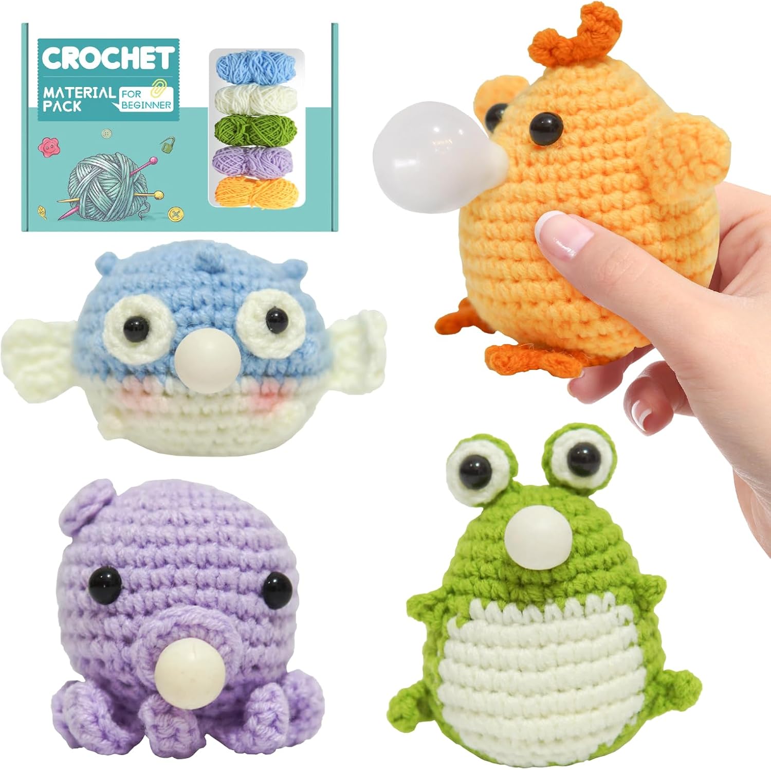 Hylvix Crochet Kit for Beginners, 4 Pattern Blow Bubbles Animals Knitting Kit, Crochet Animals kit, Crochet Kit for Adults Kids with Step-by-Step Video Tutorials and Yarns, Hook, Accessories