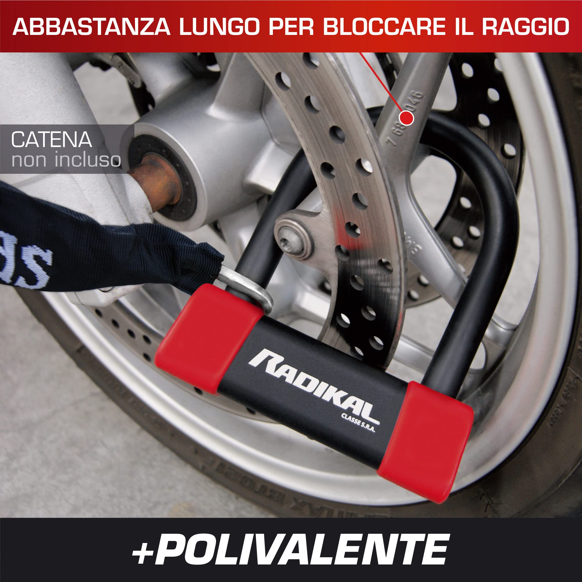 RADIKAL RK120R Lucchetto a U Premium Omologato SRA, 85x125mm, Blocco Ceppo Ruota, Arco ø18mm Acciaio Cementato Rivestito a Doppio Chiusura, Serratura Antifurto U Lock Moto Scooter