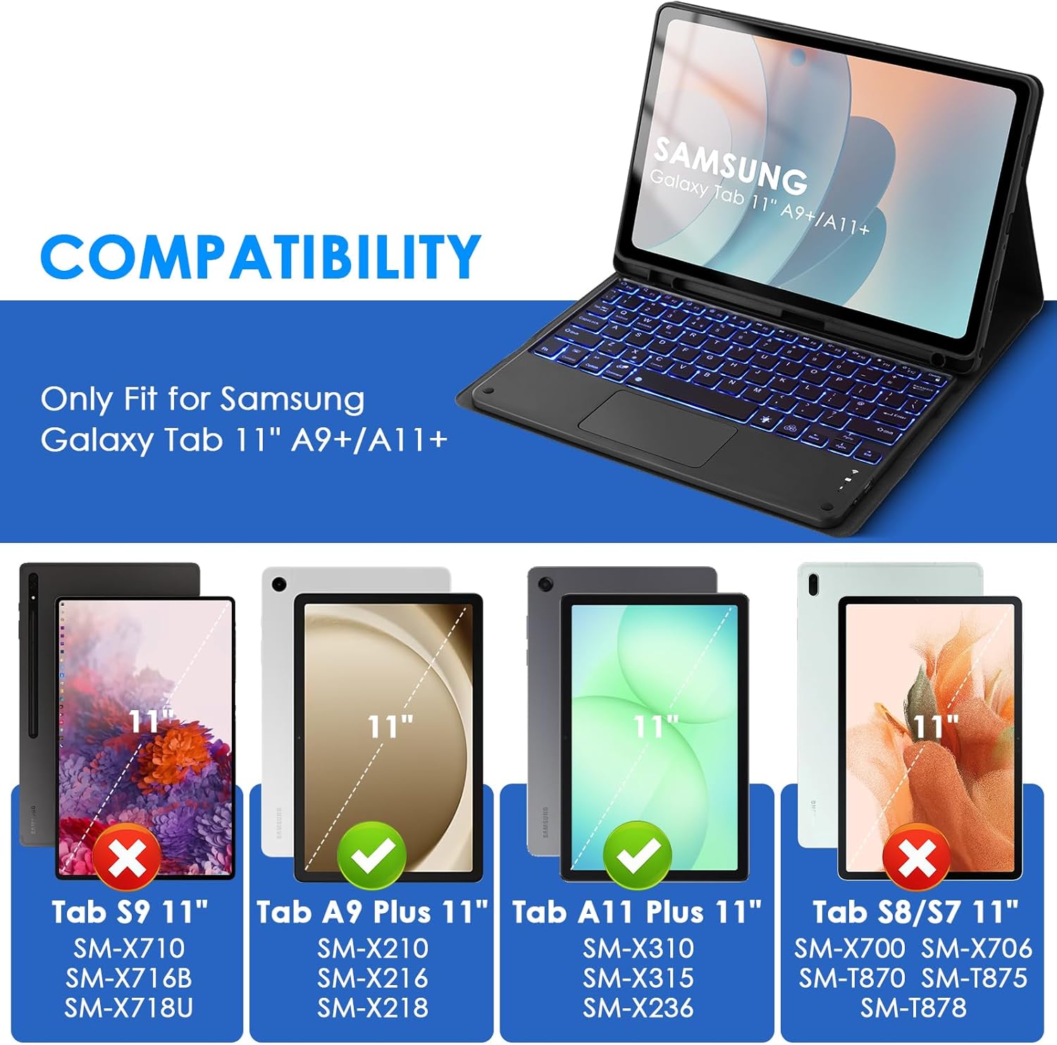 Backlit Touchpad Keyboard Case for Samsung Galaxy Tab 11inch A11 Plus & A9 Plus, Wireless Bluetooth Keyboard, Smart Trackpad for Galaxy A9 +/A11+ Tablet Case with Keyboard and Pencil Holder,BK