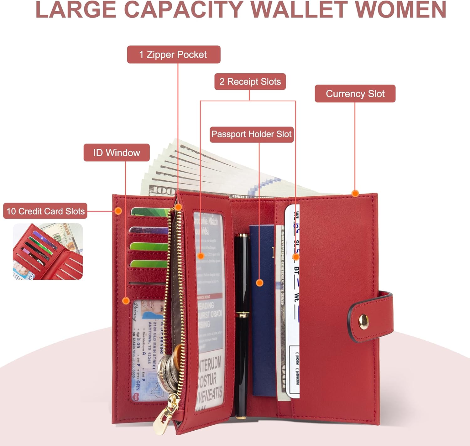 Womens Wallet RFID Blocking Leather Trifold Clutch Wallet Credit Card Holder Ladies Travel Wallet Purse with Pen Holder - Image 2