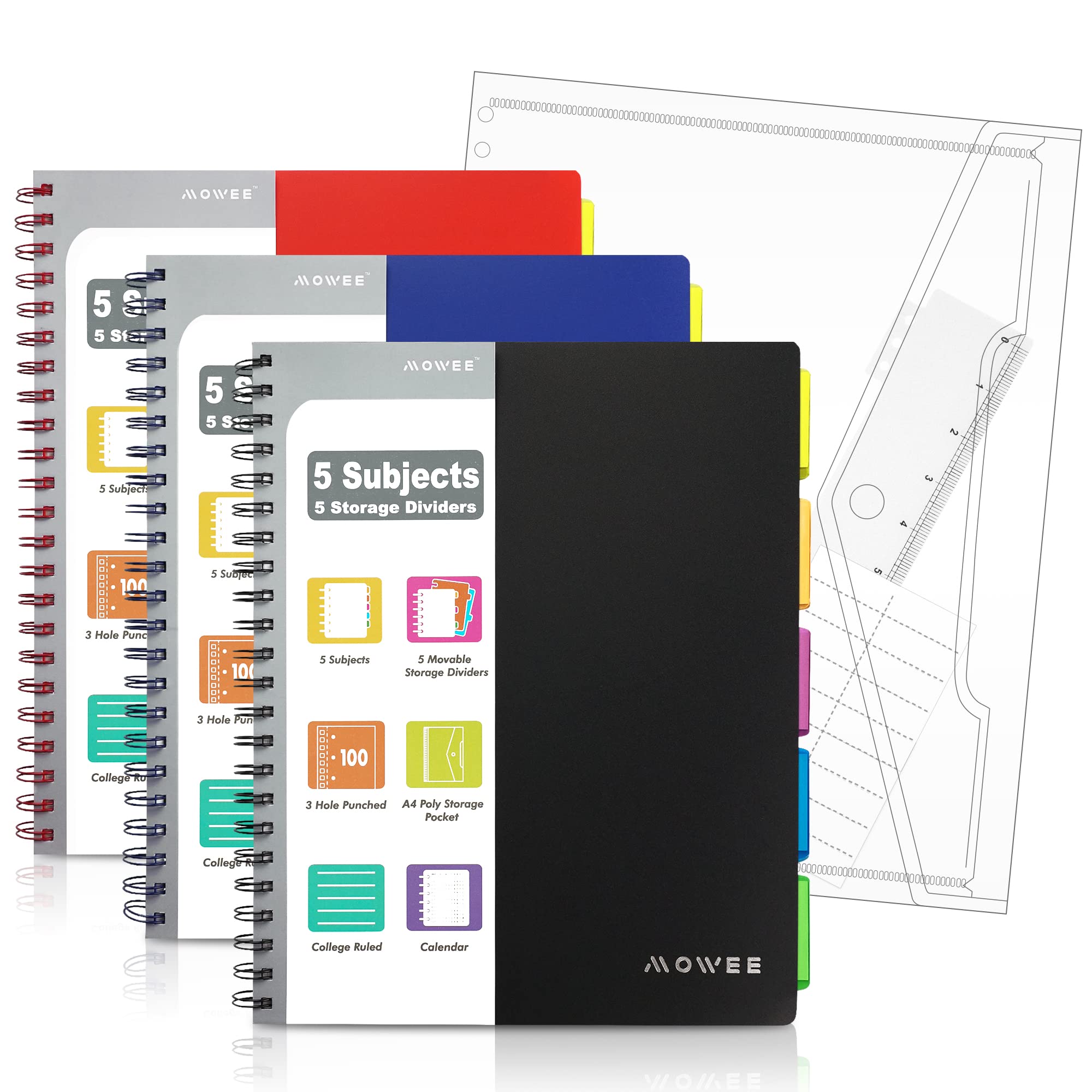 Lot de 3 carnets à 5 sujets lignés avec poches de rangement, onglets d'index, règle de 28 cm, 100 feuilles de 200 pages, pour l'école, le travail, les fournitures de bureau, 20,6 x 200 cm (noir